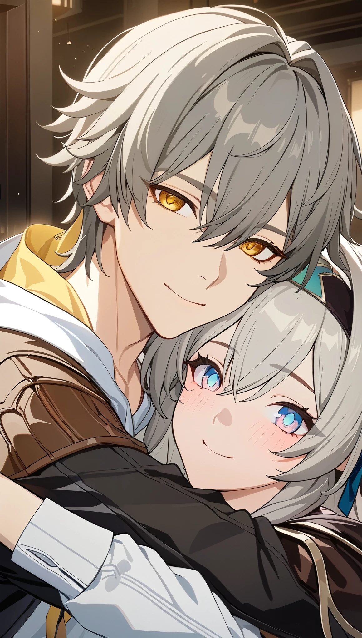 (masterpiece, top quality, best quality, official art, beautiful and aesthetic:1.2),(8k, best quality, masterpiece:1.2), (((masterpiece))),(((best quality))),(((extremely detailed))),illustration, who, (masterpiece, top quality, best quality, official art, beautiful and aesthetic:1.2),(8k, best quality, masterpiece:1.2), masterpiece, best quality, illustration, highres, ultra-detailed, caelus \(honkai: star rail\),commentary request,firefly \(honkai: star rail\), 1girl, 1boy, grey hair, smile, hairband, long hair, looking at viewer, black hairband, jacket, hair intakes, hug, black jacket, yellow eyes, white shirt, shirt, pink eyes, blue pupils, hair between eyes, short hair, heads together, long sleeves, hooded jacket, hood, night, closed mouth, sidelocks, upper body, hetero, hood down, arms around neck, hair ribbon, hair bow, indoors, ribbon, bow