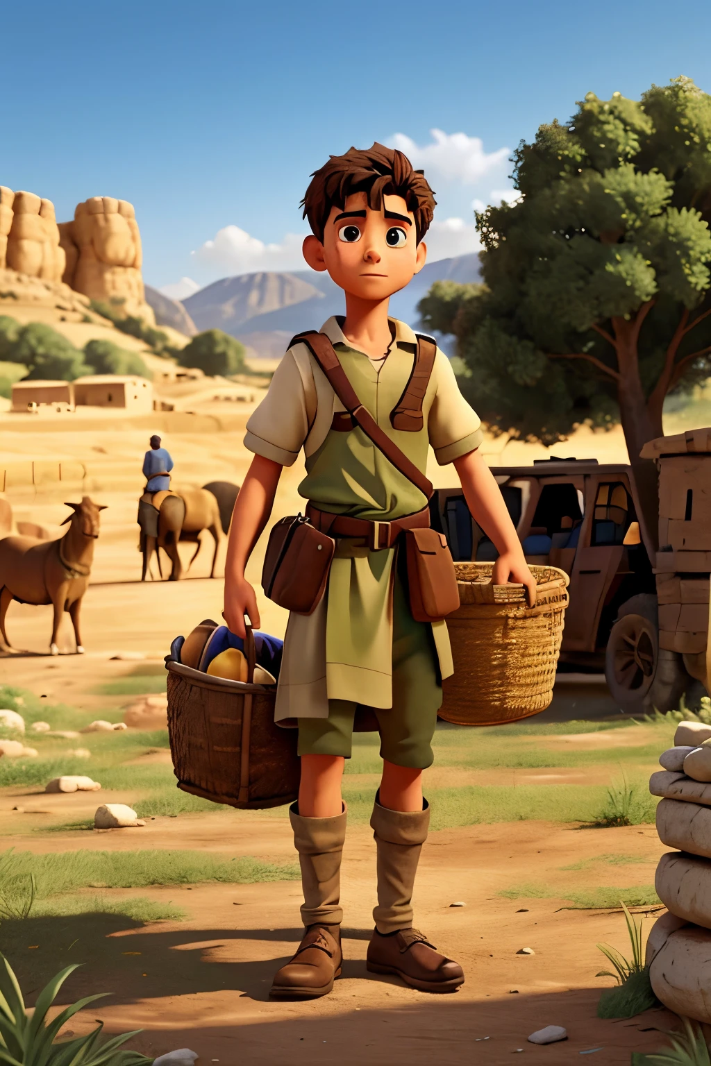 Draw a vibrant scene of David arriving at the Israelite camp. David, a young shepherd, is carrying a basket of food for his brothers. Show Israeli soldiers in the background, with worried and tired expressions. David must appear confident and determined, with the valley and the Philistine army in the distance, suggesting the tension of the moment. Use warm colors and details that bring the scene to life.