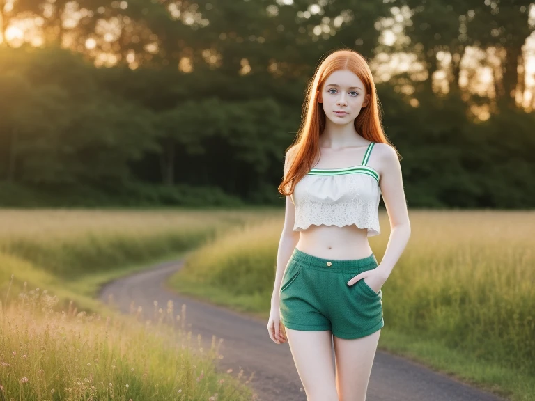 ultra realistic image, a ginger teenager girl, cute face, young face big green eyes, with a little freckles, a top, full body, at dawn, round face, pale skin, full body, standing, show legs, perfect body, breasts, shorts