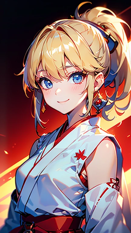Best quality , masterpiece, Portrait、、Bright expression、ponytail、Young, shiny, white, glossy skin、Gloss Face、Shining Cheek Gloss、Small Face Beauty、The best beauty、The dazzling light of blonde hair、Bright blonde hair with dazzling highlights、Very beautiful shiny light blonde hair、super long silky straight hair、Her shiny, beautiful bangs are covering her eyes.、Sparkling, clear, attractive, bright, large, pale blue eyes、Very big eyes、eyeliner、very beautiful lovely cute 16 year old girl、young girl, Ample Bust, upper body , (smile:1.2) , ((((Wearing white attire, Wearing red hakama, Miko-san , ponytail )))),