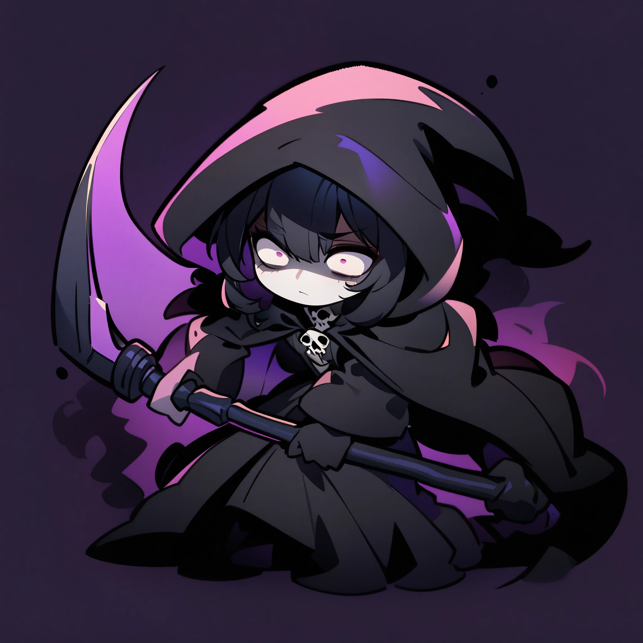 (high quality, 8k, 4K, Deformation, High Contrast, masterpiece:1.2, 最high quality, Best aesthetics), ((Black Death:1.1)), Little, Littleキャラ, well balanced, Well-balanced, (((Female Grim Reaper holding a scythe:1.4))), Long black hair, Black Legal Uniform, Pale skin, Death Female, Cute Shinigami, (Confused eyes:1.6), Cute art, Fancy, Solid color background, Ultra-fine Illustration.