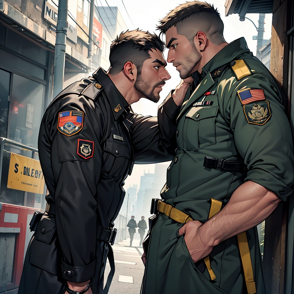4k, 8K, high resolution, Masterpiece: 1.2
Military Setting: Two Bundeswehr soldiers, both men in camouflage uniforms, share a passionate kiss. The camouflage fabric, blended with the environment, creates a stark contrast against their intense focus on each other.
An Interruption: A police officer, clad in a sleek leather trenchcoat, approaches the scene, his gaze fixed on the two soldiers.
Male Focus: The facial features of the soldiers are hyperdetailed, showcasing thick eyebrows, stubble, and matured masculinity. Their eyes, ultra-detailed, radiate the warmth of their affection