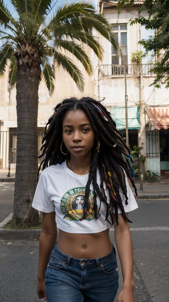 Adolescente, negra, cabelo rasta, bonita andando na cidade