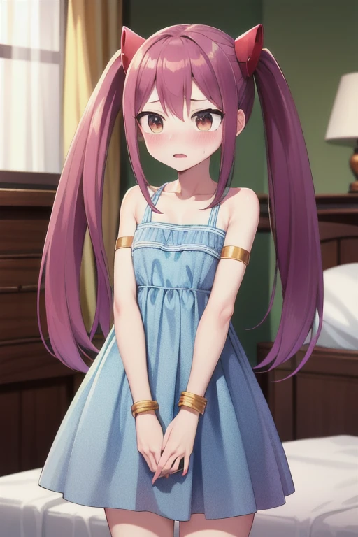 masterpiece, highest quality, High resolution, Arwendy, Long Hair, Twin tails, hair ornaments, Exposing shoulders, ,Bracelet, bracelet, Bedroom, double piece, Cowboy Shot, Embarrassed,