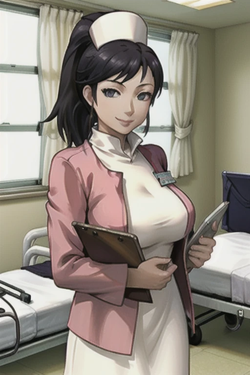 (masterpiece, best quality, Super detailed, Beautiful illustration), Atmospheric perspective, Depth of Field, (Cowboy shooting), Sexy pose, Dynamic Angle,
1 Girl, Beautiful and delicate eyes, Anime eyes:1.4, Looking at the audience, ((Charming smile)), Mature woman, curved, (Huge breasts), (Cleavage)Sayoko Uehara, Ponytail, Nurse cap, Nurse, pink cardigan, Collared dress, White Dress, (Hold the clipboard to your chest)
(indoors, Ward, Hospital Beds, Medical equipment, window),