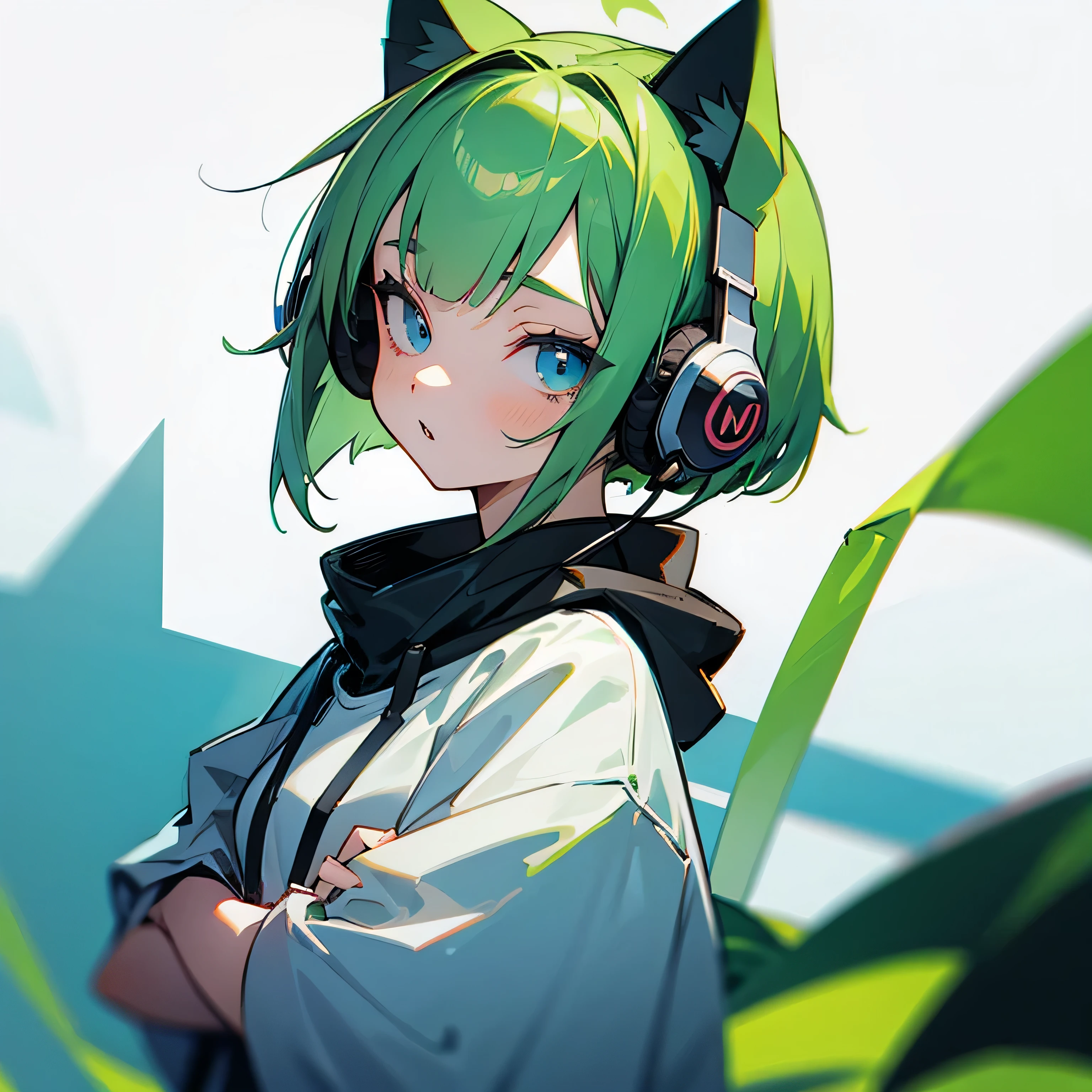 Green hair, short bob, cat ears, crooked teeth, blue eyes, headphones around her neck, uniform, hoodie