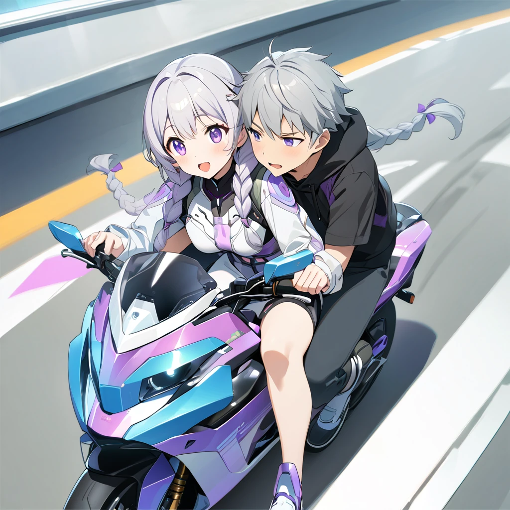 Soft anime style、highest quality、Masterpiece、Official Art、16K、The best composition、The best light source、Super detailed、super beautiful、Super detailedな目、A futuristic couple riding a motorcycle, the girl is sitting behind the boy and hugging him from behind with her arms around his stomach、The bike is futuristic and purple neon、Boys have gray hair、aya、Crypticforce、yinji、Purple eyes、Twin tail braids、
