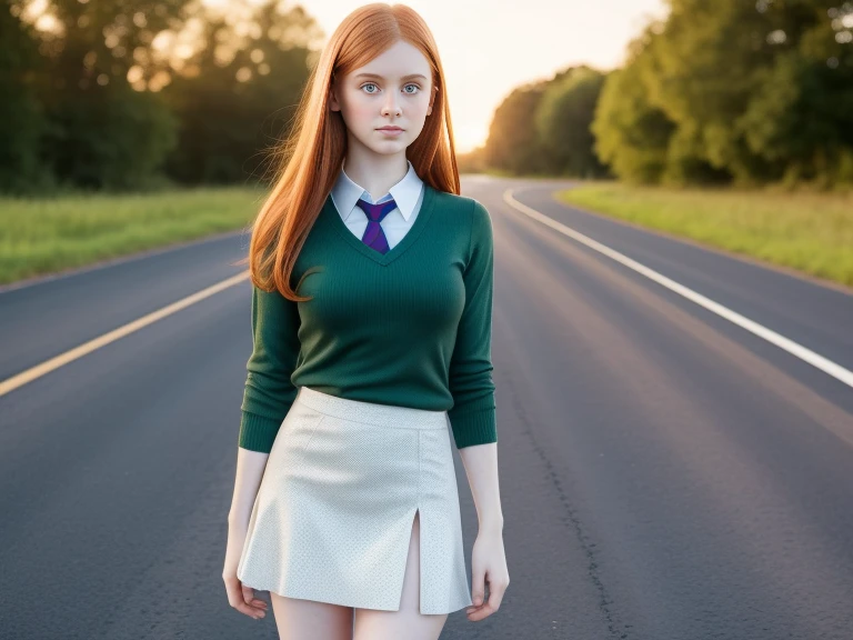 ultra realistic image, a ginger ager girl, cute face, young face big green eyes, with a little freckles, a top, full body, at dawn, round face, pale skin, full body, standing, show legs, perfect body, breasts, miniskirt, necktie