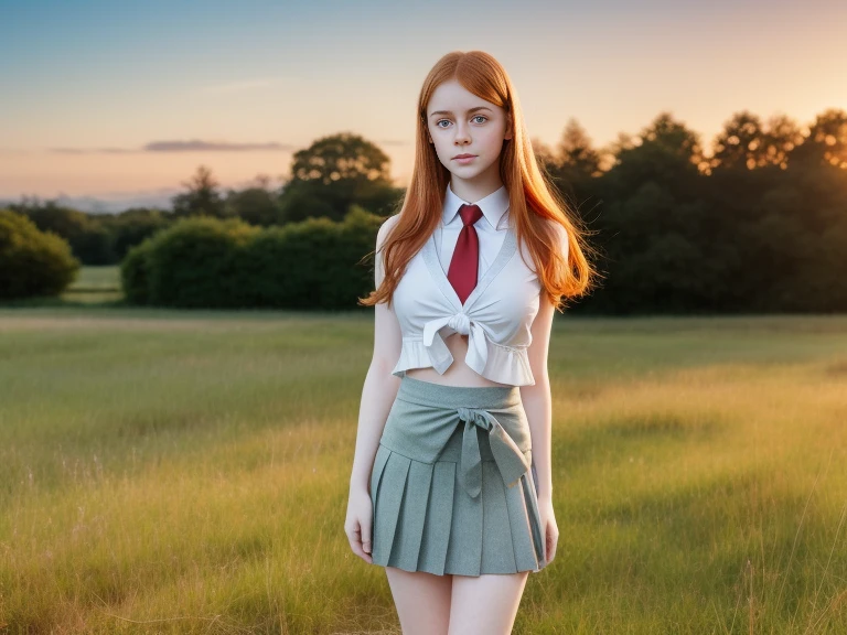 ultra realistic image, a ginger teenager girl, cute face, young face big green eyes, with a little freckles, a top, full body, at dawn, round face, pale skin, full body, standing, show legs, perfect body, breasts, miniskirt, necktie