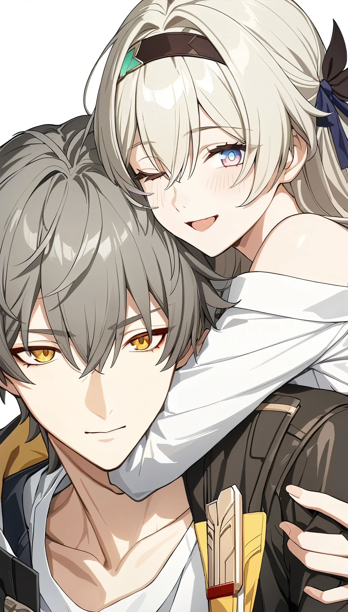 (masterpiece, top quality, best quality, official art, beautiful and aesthetic:1.2),(8k, best quality, masterpiece:1.2), (((masterpiece))),(((best quality))),(((extremely detailed))),illustration, who, (masterpiece, top quality, best quality, official art, beautiful and aesthetic:1.2),(8k, best quality, masterpiece:1.2), masterpiece, best quality, illustration, highres, ultra-detailed, caelus \(honkai: star rail\),commentary request,firefly \(honkai: star rail\), 1girl, 1boy, grey hair, hairband, hug, long hair, smile, jacket, closed eyes, black jacket, shirt, white shirt, blush, gloves, one eye closed, black hairband, hand on another's head, bow, closed mouth, hair between eyes, hair bow, long sleeves, black gloves, hair intakes, short hair, fingerless gloves, simple background, yellow eyes, white background, twitter username, upper body, sidelocks