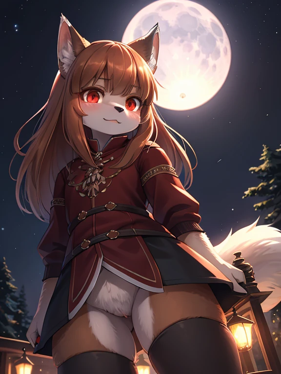 spice and wolf style , Unrealistic Perspective , dynamic angle , rule of thirds Layout , Bokeh  , dynamic fashion model action , hairy wolf girl , realistic hairy fur , round face , moist round red eyes , Swollen cheeks , white skin , white fur , (midnight , blue moon light) , (neat Clothing:1.2) , (Sit down and show your butt from the front:0.6)