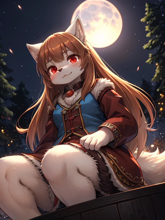 spice and wolf style , Unrealistic Perspective , dynamic angle , rule of thirds Layout , Bokeh , dynamic fashion model action , hairy wolf girl , realistic hairy fur , round face , moist round red eyes , Swollen cheeks , white skin , white fur , (midnight , blue moon light) , (neat Clothing:1.2) , (Sit down and show your butt from the front:0.6)