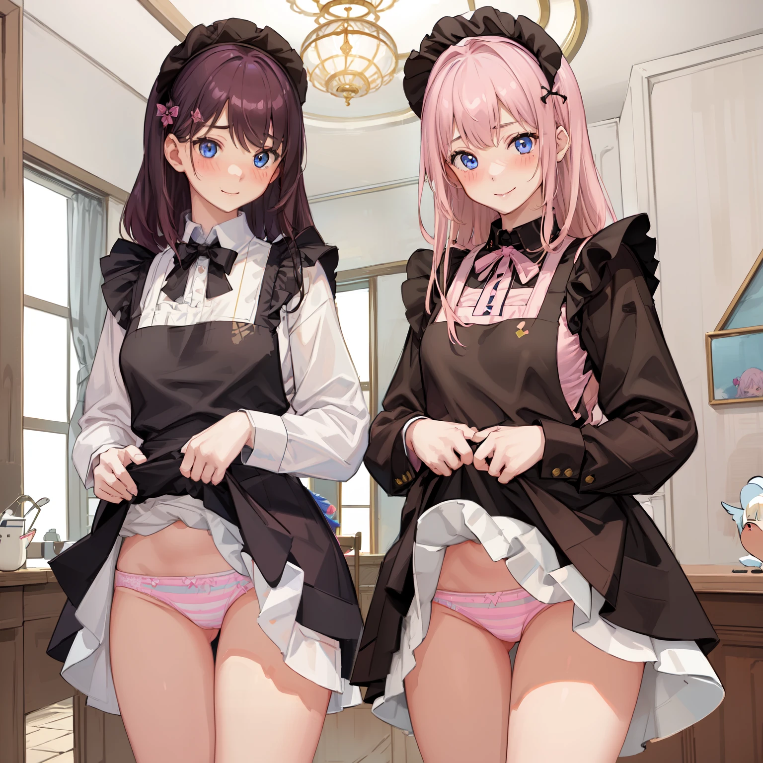 highest quality、masterpiece、((2 girls:1.5))、((smile:1.3))、(blush:1.3)、Black Shirt、blouse、((fun!!))、(Small breasts)、()、Blonde、(Long sleeve)、((White apron:1.5))、((Maid))、((hair ornaments)),、Kamimei、look at me、 ((in house:1.5))、 Taking a break from watching the audience、Cowboy Shot、(Skirt lift:1.3),(Highly detailed pink striped panties:1.3)、(Highly detailed panties:1.3)、、(スカート that rolls up:1.3)、(Panties fully exposed:1.5)、Light blue eyes、long hair、Glowing Eyes