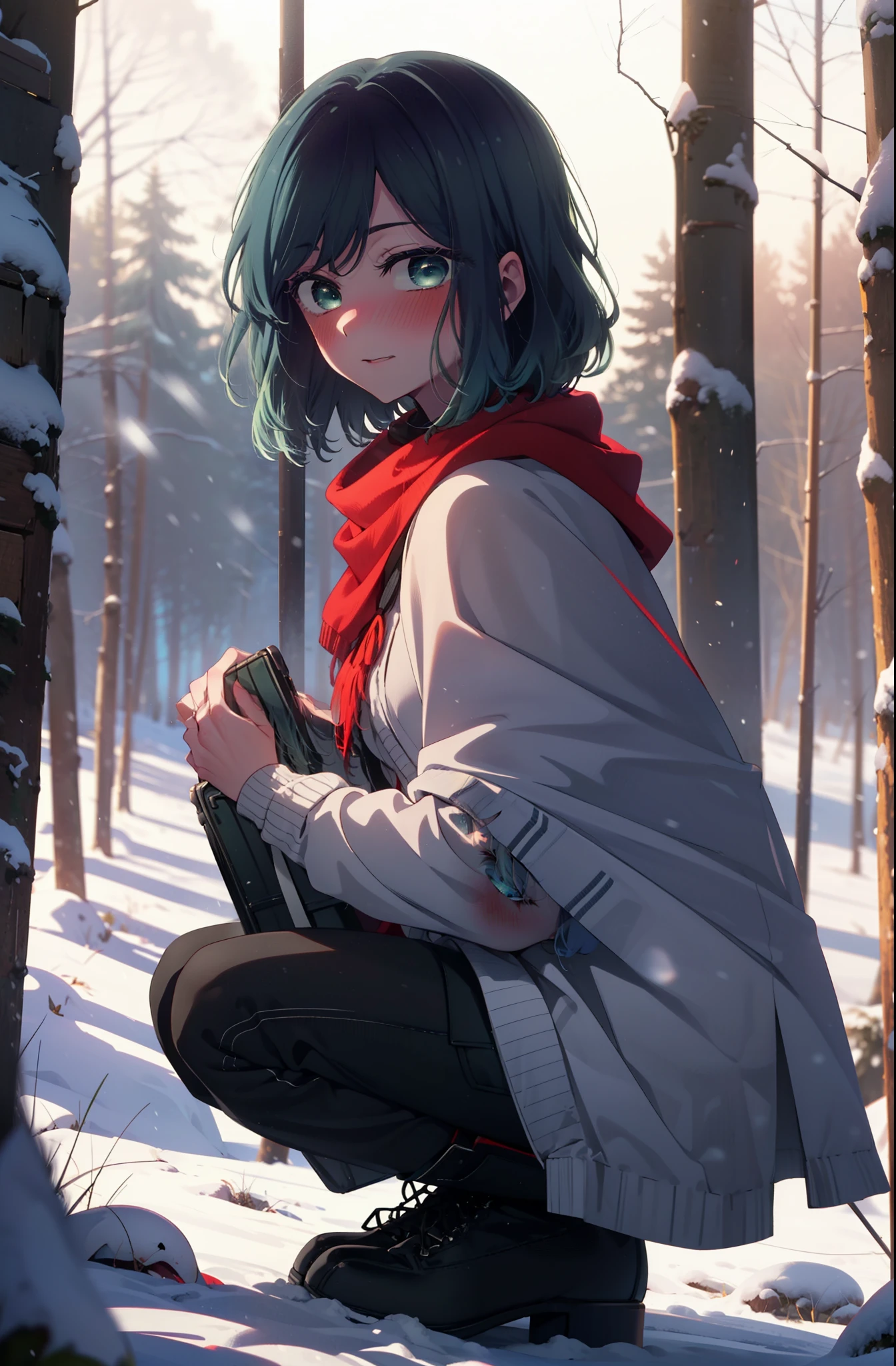akanekurokawa, akane kurokawa, bangs, (Green Eyes:1.3), Blue Hair, Medium Hair, dark Blue Hair,smile,blush,White Breath,
Open your mouth,snow,Ground bonfire, Outdoor, boots, snowing, From the side, wood, suitcase, Cape, Blurred, , forest, White handbag, nature,  Squat, Mouth closed, Cape, winter, Written boundary depth, Black shoes, red Cape break looking at viewer, Upper Body, whole body, break Outdoor, forest, nature, break (masterpiece:1.2), highest quality, High resolution, unity 8k wallpaper, (shape:0.8), (Beautiful and beautiful eyes:1.6), Highly detailed face, Perfect lighting, Extremely detailed CG, (Perfect hands, Perfect Anatomy),