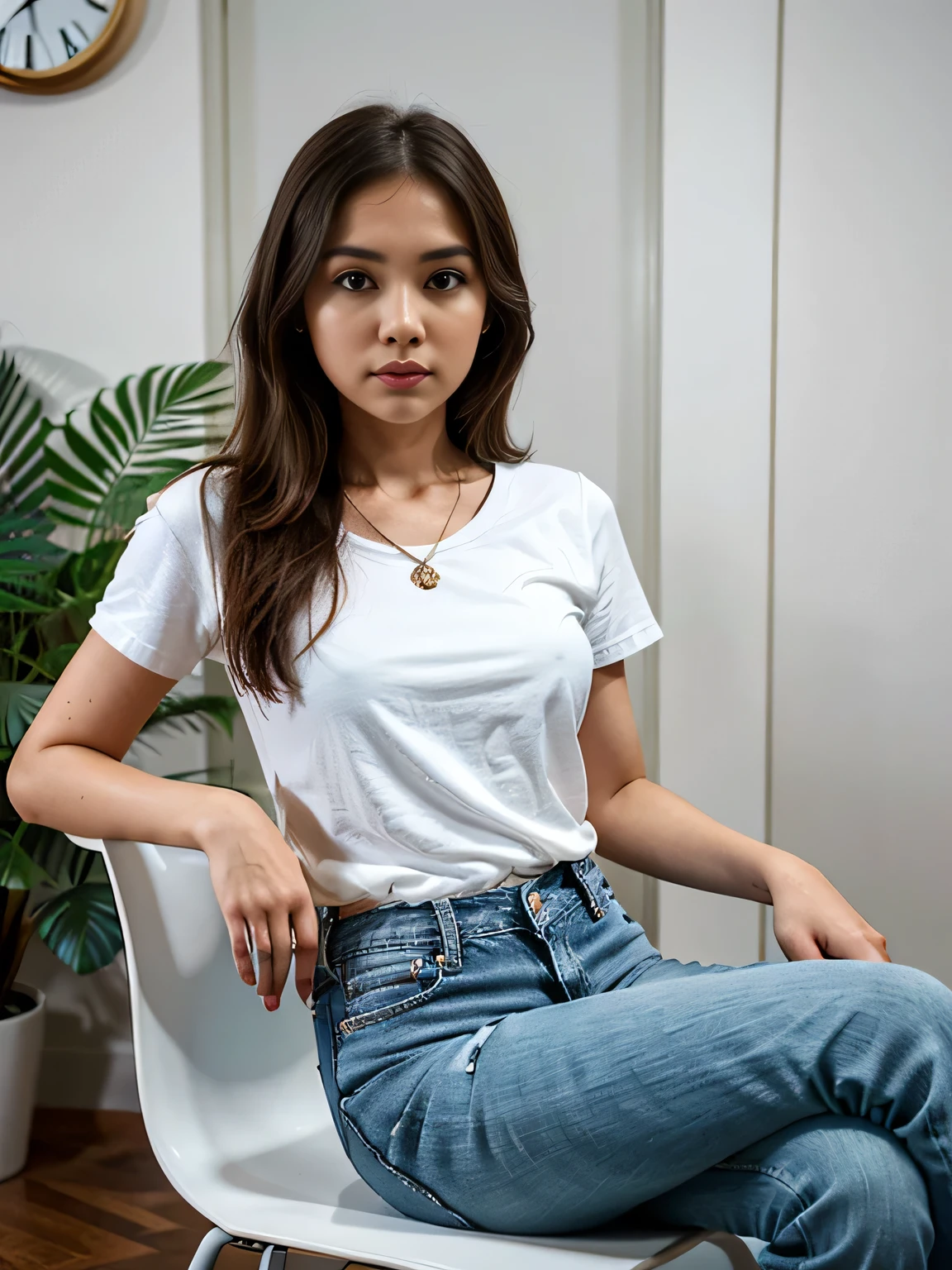 (extremely detailed, best quality) Zahra Ayu 23 years old 160cm 55kg wearing plain white big t shirt , mockup, wearing jeans, wearing neckles, short wavy hair. Bright face. sit in a chair inside a room. bright photo.
