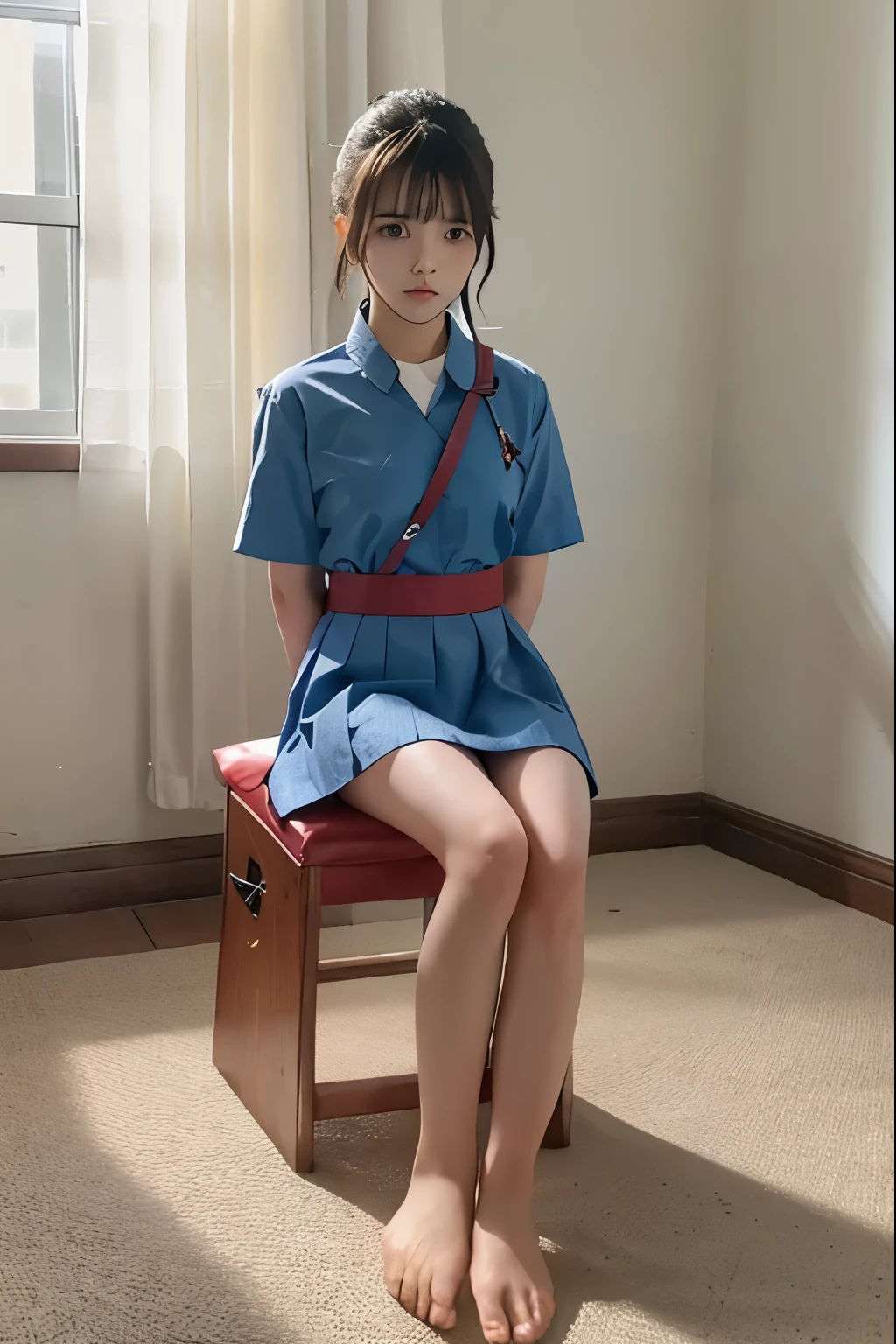 A cute girl is confined and tied up、Inside the room、White under the blue skirt、Red short sleeve shirt、Sit with your feet together and forward、Beauty、