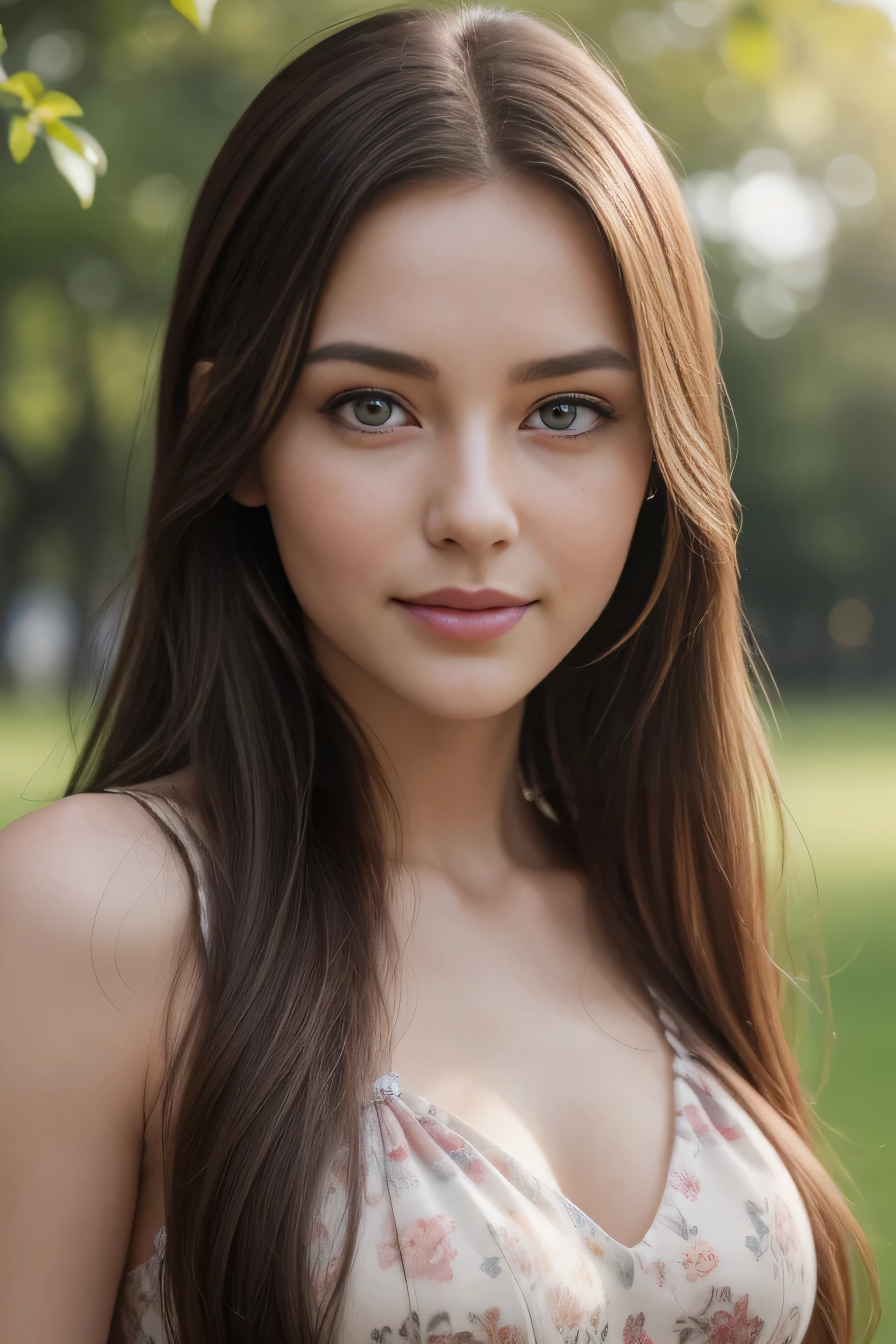 (8K High Resolution), (highest quality), (RAW Image Quality), (Realistic), (Realistic:1.37), Long eyelashes, Exquisite, Live-action Realistic style, The ultimate face, Realistic, light and shadow, Distinct facial features, Milky skin, Fair skin, Skin with attention to detail, Realistic skin details, Pores are visible, Very detailed, Hair length is random, Flowing hair, Best Portrait, The only Swedish girl, cute, Beautiful and beautiful eyes, Beautiful and detailed nose, Very detailed skin) , (Beautiful face with double eyelids), (realism: 1.4), Great details, Ultra-high resolution, Delicate and beautiful face, Age 25, (Beautiful Face 1.4), thin, (Wearing a floral dress:1.2), ((In a park rich in nature)), Natural smile, (looks happy), Long Hair, long legs, (whole body:1.5), 