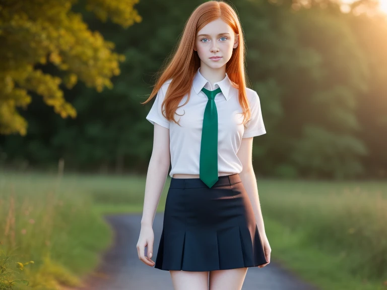 ultra realistic image, a ginger teenager girl, cute face, young face big green eyes, with a little freckles, a top, full body, at dawn, round face, pale skin, full body, standing, show legs, perfect body, breasts, miniskirt, necktie