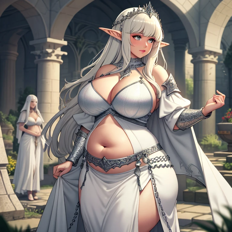 (Masterpiece), (detailed), (high res), (best quality), fat elven princess with white clothes, chainmail, big wide fat hips and lower belly, iron chainmail covering whole body, long chainmail dress