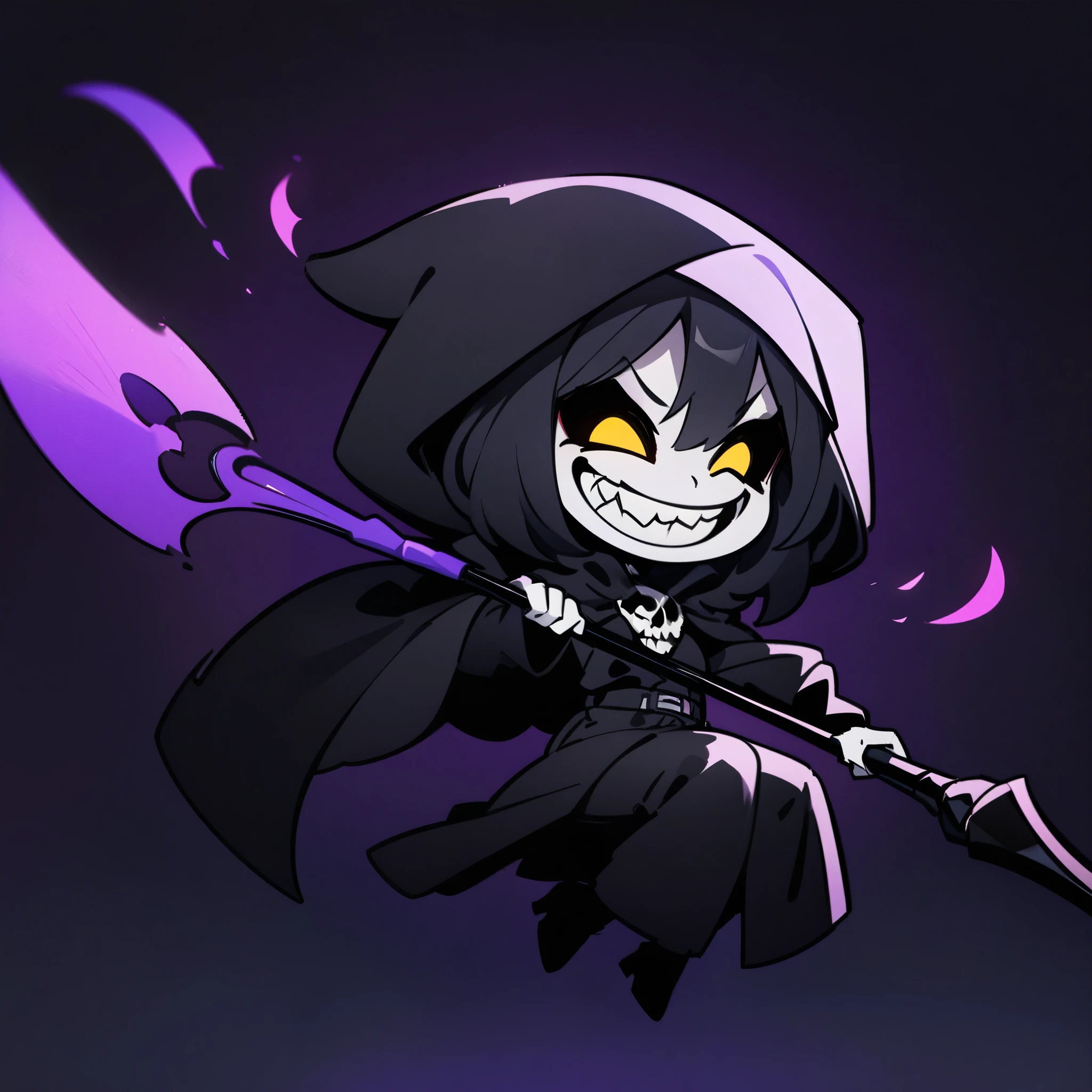 (high quality, 8k, 4K, Deformation, High Contrast, masterpiece:1.2, 最high quality, Best aesthetics), ((Black Death:1.1)), Little, Littleキャラ, well balanced, Well-balanced, (((Female Grim Reaper holding a scythe:1.4))), Long black hair, Black Legal Uniform, Pale skin, Death Female, Cute Shinigami, (crazy smile:1.6), Cute art, Fancy, Solid color background, Ultra-fine Illustration.
