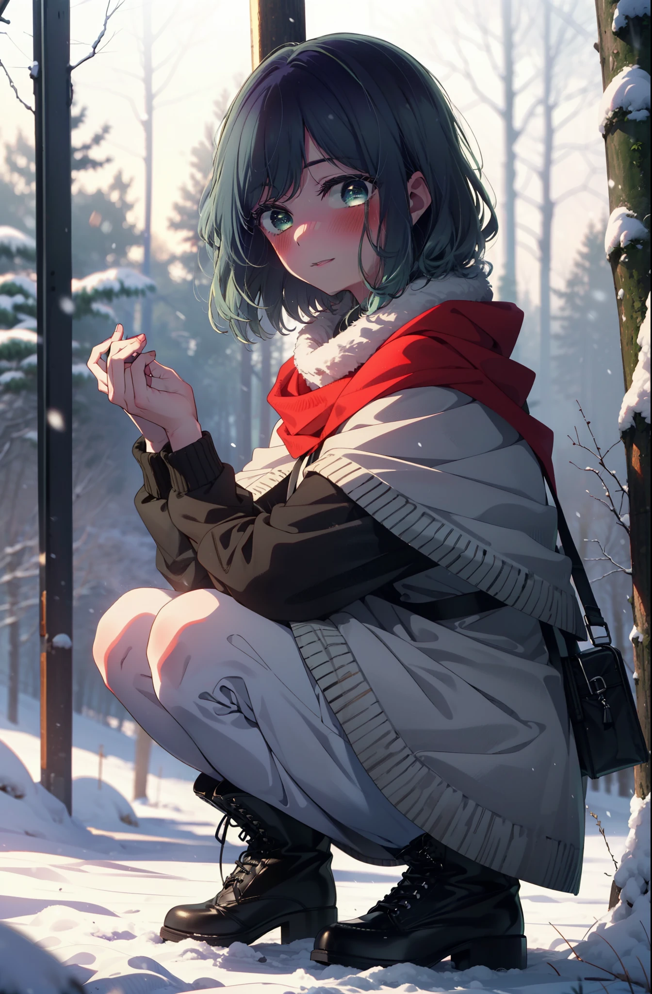 akanekurokawa, akane kurokawa, bangs, (Green Eyes:1.3), Blue Hair, Medium Hair, dark Blue Hair,smile,blush,White Breath,
Open your mouth,snow,Ground bonfire, Outdoor, boots, snowing, From the side, wood, suitcase, Cape, Blurred, , forest, White handbag, nature, Squat, Mouth closed, Cape, winter, Written boundary depth, Black shoes, red Cape break looking at viewer, Upper Body, whole body, break Outdoor, forest, nature, break (masterpiece:1.2), highest quality, High resolution, unity 8k wallpaper, (shape:0.8), (Beautiful and beautiful eyes:1.6), Highly detailed face, Perfect lighting, Extremely detailed CG, (Perfect hands, Perfect Anatomy),
