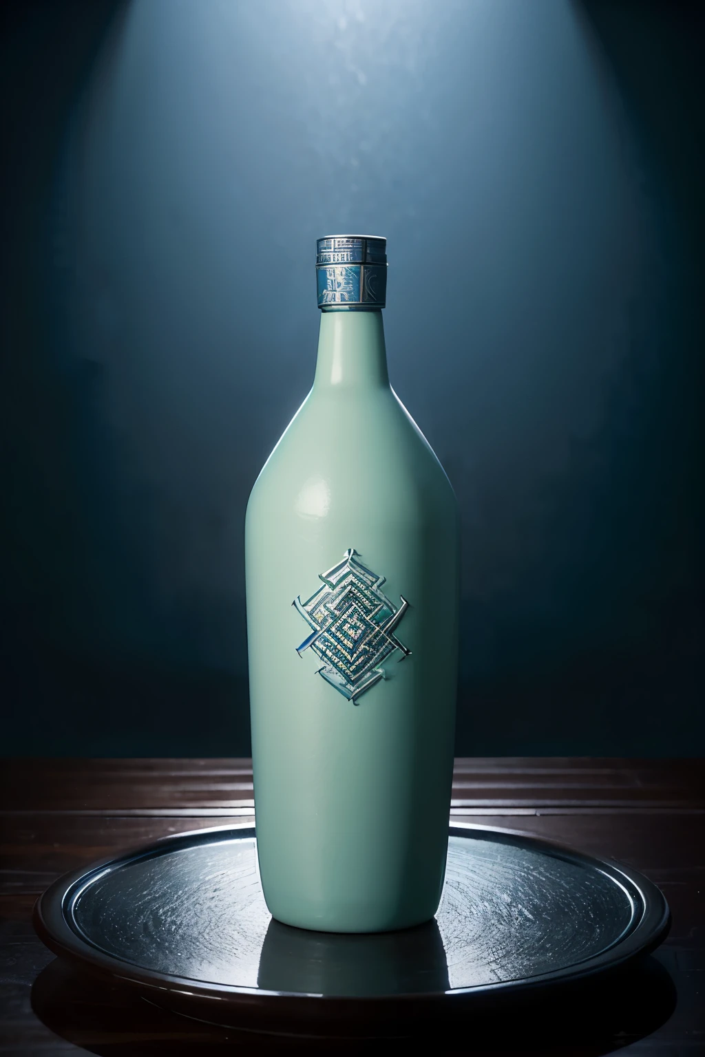 "Generate a 3D rendered image of a high-quality, sophisticated, and elegant ceramic wine bottle for 'Xingde Baijiu'. The bottle should have a slender and lightweight silhouette, with a surface adorned with elegant undulating wave patterns. The overall design should exude a sense of balance and refinement, reminiscent of the noble and upright character of a gentleman. The main material is celadon (Celadon), with a deep and dignified color scheme. The bottle should feature a round ceramic cap, adding to its stability and elegance. Metallic accents can be added to the cap and mouth of the bottle, adorned with hexagram patterns. The color palette should be serene and elegant, with a deep base color complemented by subtle blue accents for the wave patterns. The bottle’s surface should be decorated with bamboo shadow motifs, using relief and carving techniques to enhance the texture and detail. The packaging design takes inspiration from bamboo scrolls, seamlessly integrating with the bottle design. The elements of bamboo nodes, bamboo shadows, bamboo scrolls, and hexagrams convey the concept of 'Xingde', embodying the philosophy of 'Drink Xingde, appreciate the wisdom of I Ching, and cultivate a gentleman’s demeanor'. The rendering should capture every detail of the bottle, illustrating the pursuit of perfection."