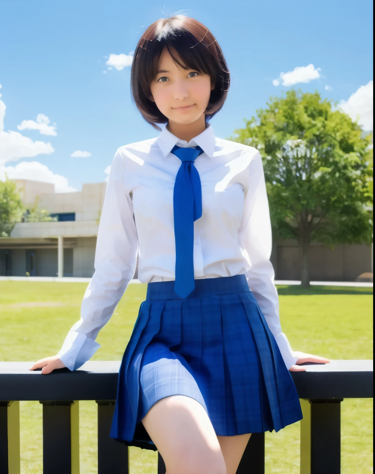 hoshino \(blue archive\),1girl, solo, heterochromia, ahoge, halo, outdoors, fingerless_gloves, white_shirt, plaid_skirt, railing, collared_shirt, long_sleeves, looking_at_viewer, black_gloves, sky, leaf, bag, fang, blue_necktie, blush, id_card, cloud, sitting, open_mouth, :d, skyscraper, shirt_tucked_in, day, shotgun, school_uniform, black_skirt, feet_out_of_frame
halo. gorgeous,key visual, vibrant, studio anime,award-winning, professional, highly detailed,high budget, cinemascope