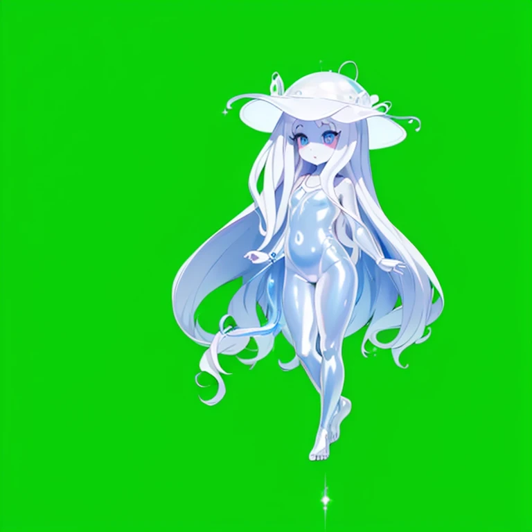 Drawing of an anime-style girl in a school swimsuit with a big jellyfish hat on her head、A girl with clear skin like a jellyfish、Long white hair with curled ends like jellyfish tentacles、(Blue high leg swimsuit outfit)、Very big super busty、Plump lower body、barefoot、((Full body illustration from the side, including the feet))、Have a magic wand、Has a trident、Floating standing pose、Open mouth smiling face、((((Pale-white skin))))、((((((Full body shiny skin)))))),(((Completely naked)))