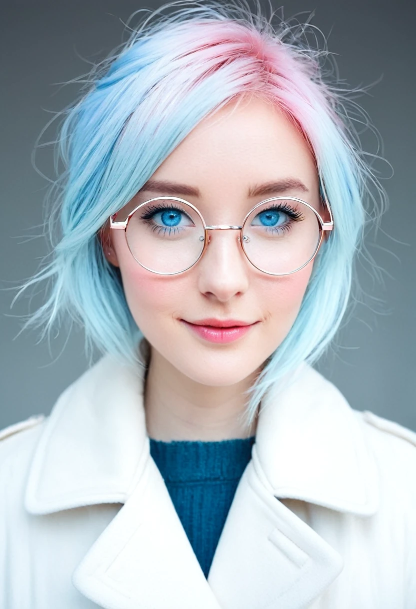 Pink and light blue hair。semi-long。Woman with round glasses。Beauty。Fair skin。Light blue eyes。Wearing a white coat。