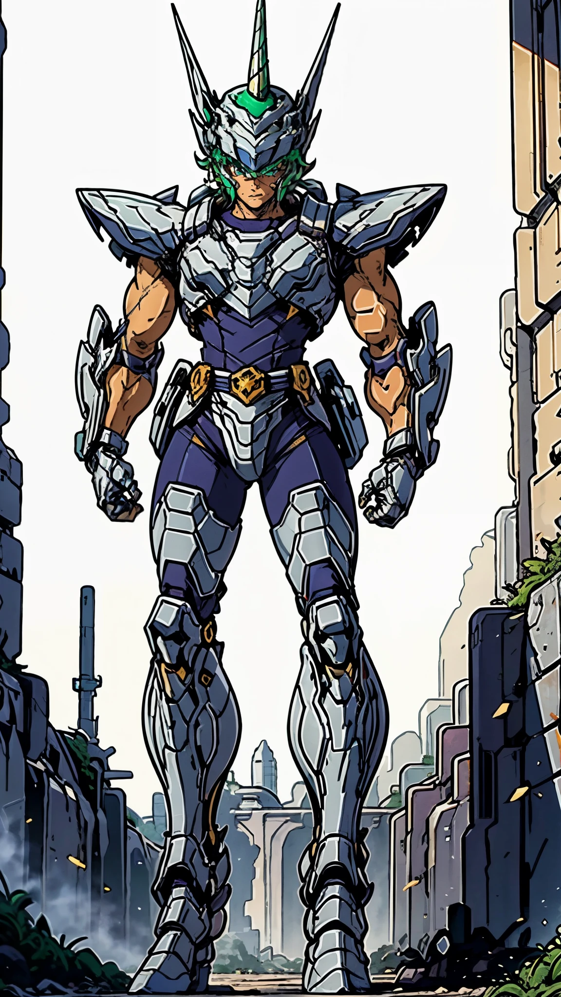 A man wearing a full-face helmet, a fantasy-style biotech armored combat suit, green eyes, (a composite layered chest armor), fully enclosed shoulder guards, matching arm and leg guards, the belt is adorned with Horseshoe-shaped marker, (the color scheme is primarily white with green accents), the design balances heavy with agility, a high-tech bio-mecha armor, (Armor Concept Inspired by Unicorn, stand on the top of a skyscraper in a futuristic sci-fi city), this character embodies a finely crafted fantasy-surreal style armored hero in anime style, exquisite and mature manga art style, (battle damage, element, plasma, energy, the armor glows), ((male:1.5)), metallic, real texture material, dramatic, high definition, best quality, highres, ultra-detailed, ultra-fine painting, extremely delicate, professional, perfect body proportions, golden ratio, anatomically correct, symmetrical face, extremely detailed eyes and face, high quality eyes, creativity, RAW photo, UHD, 32k, Natural light, cinematic lighting, masterpiece-anatomy-perfect, masterpiece:1.5