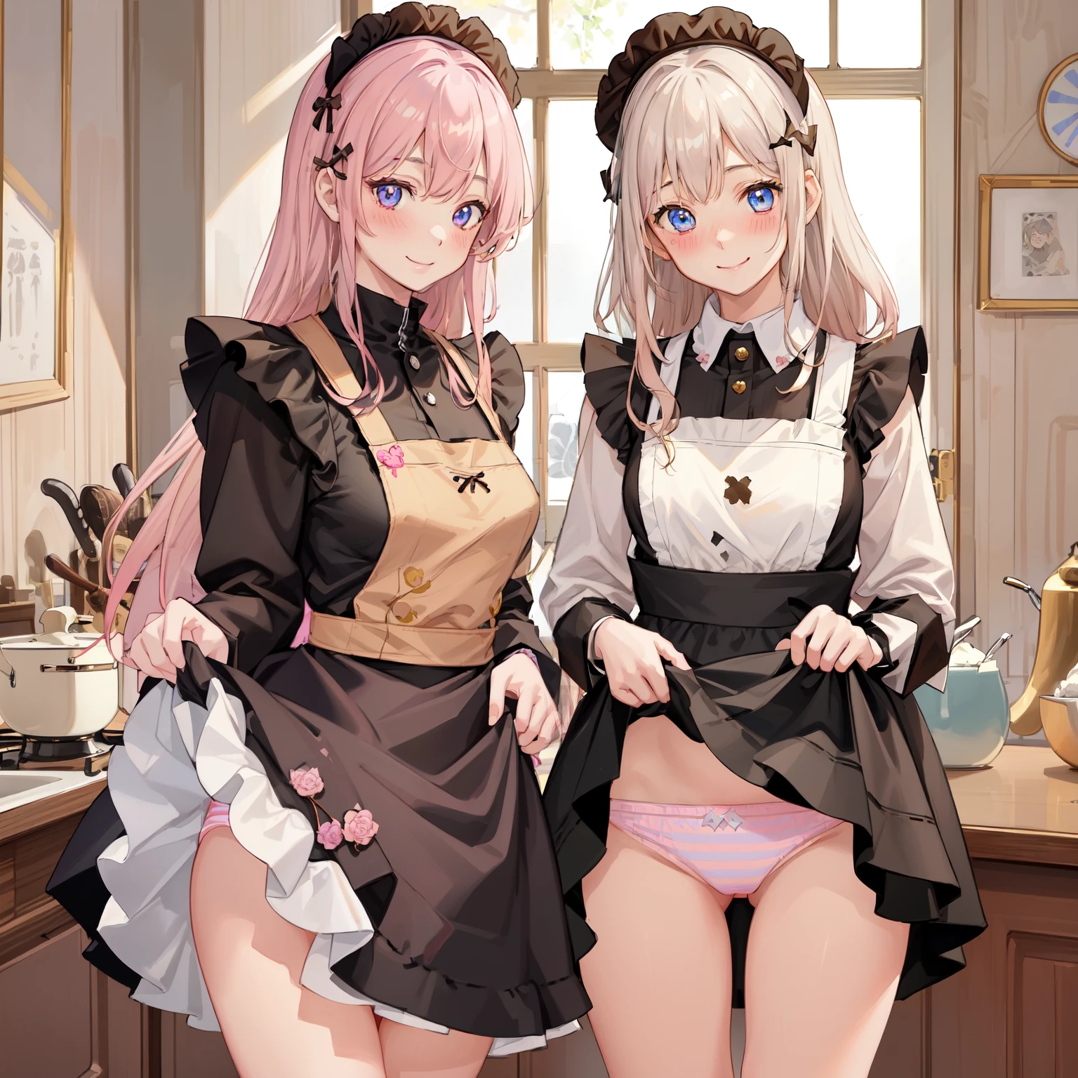 highest quality、masterpiece、((2 girls:1.5))、((smile:1.3))、(blush:1.3)、Black Shirt、blouse、((fun!!))、(Small breasts)、()、Blonde、(Long sleeve)、((White apron:1.5))、((Maid))、((hair ornaments)),、Kamimei、look at me、 ((in house:1.5))、 Taking a break from watching the audience、Cowboy Shot、(Skirt lift:1.3),(Highly detailed pink striped panties:1.3)、(Highly detailed panties:1.3)、、(スカート that rolls up:1.3)、(Panties fully exposed:1.5)、Light blue eyes、long hair、Glowing Eyes