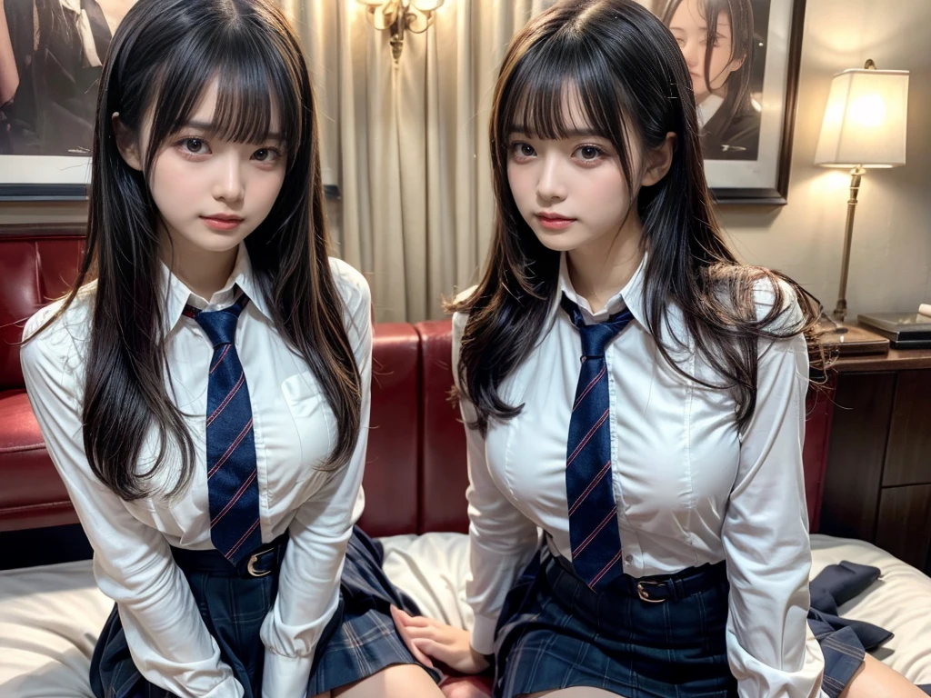 muster piece, best quality, illustration, Super detailed, fine details, High resolution, 8K,wall paper, perfect dynamic composition,(Details High quality, realistic depiction of eyes:1.3), ((2 girls, 2 schoolgirls)), The background is a luxury hotel room、High school girl uniform、blazer 、Super Short Check Uniform Skirt、Navy blue high socks、garterbelts、Colossal tits、Disturbed uniform, Play with each other,Touching each other's bodies,Touching the body of the girl next door, short bob hair, black hair color, huge breasts, Big Natural Color Lip, bold sexy pose, (perfect body shape), crying a little、cold gaze, Harajuku style、Beautiful makeup,glitter makeup,Cutest 18 years old, beautiful legs, hposing Gravure Idol, Voluptuous thighs