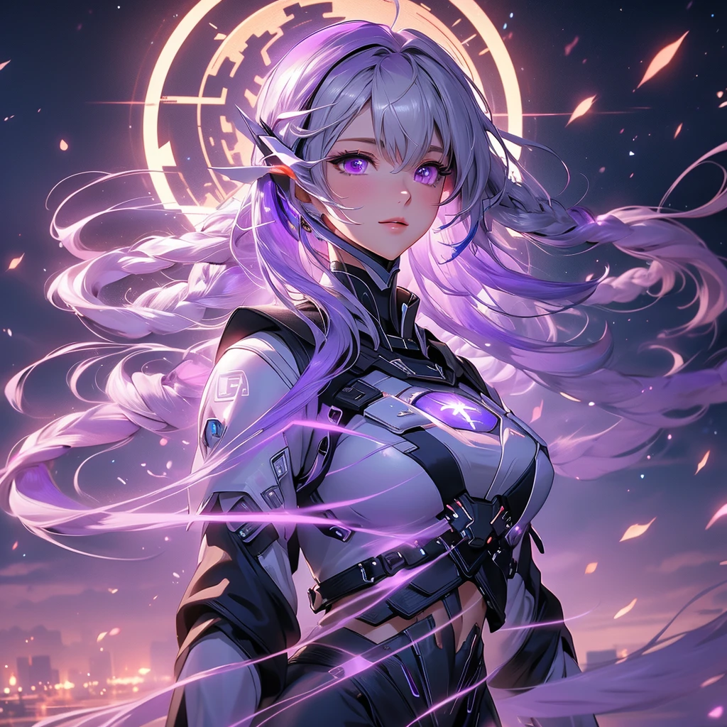 nature, Sky, cloud, Delicate petals falling in the air ,Ultra Detailed ， yinji , 1 Girl, purple hair,purple eyes,very long hair,grey hair,double braid,large breasts,gradient hair, Look up at the sky and smile, Beautiful Face, masterpiece, best quality, (Highly detailed CG Unity 8k wallpaper) (best quality), (Best Illustration),
