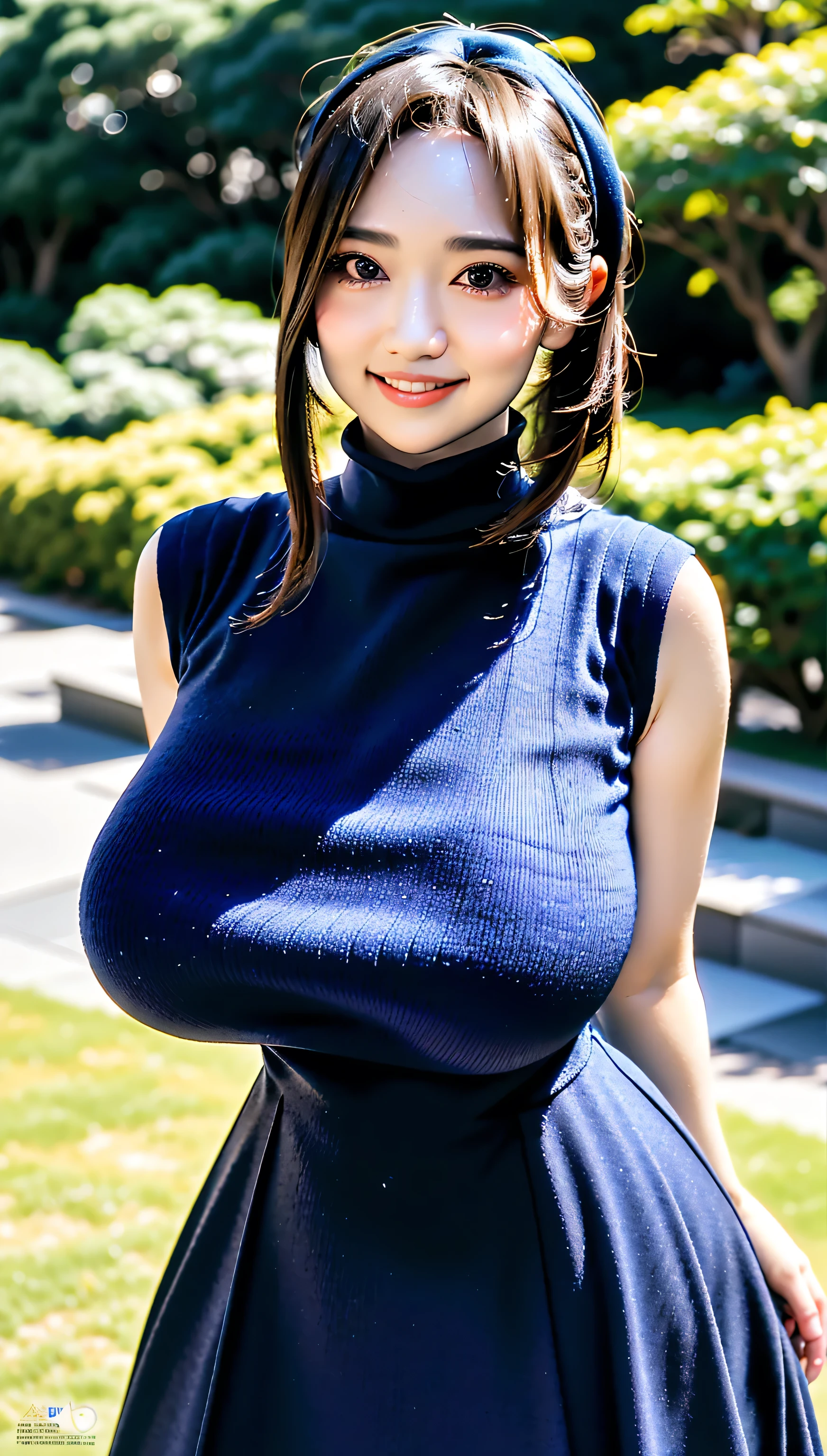 (highest quality、Tabletop、8k、Best image quality、Award-winning works)、1 girl、(The perfect navy sleeveless turtleneck knit sweater dress:1.5)、(The perfect sleeveless turtleneck knit:1.3)、Straight long hair、Look at me with your best smile、(Very large breasts bigger than a face:1.95)、A fitted knit dress、(Accentuate your body lines:1.45)、(Attractive body:1.42)、(Glamorous figure:1.32)、(Beautiful park background with strong blur:1.1)、The most natural and perfect beauty park、A perfectly maintained park、Standing Elegantly、A refreshing view、Natural Makeup、Ultra HD cute face、(Ultra High Resolution Perfect Teeth:1.1)、Ultra HD Hair、Ultra-high definition sparkling eyes、(Ultra-high resolution glossy skin:1.1)、Ultra-high quality glossy lips、(Accurate anatomy:1.1)、(very bright and vivid:1.2)、(Bright and beautiful skin:1.3), ((Random poses of gravure models))