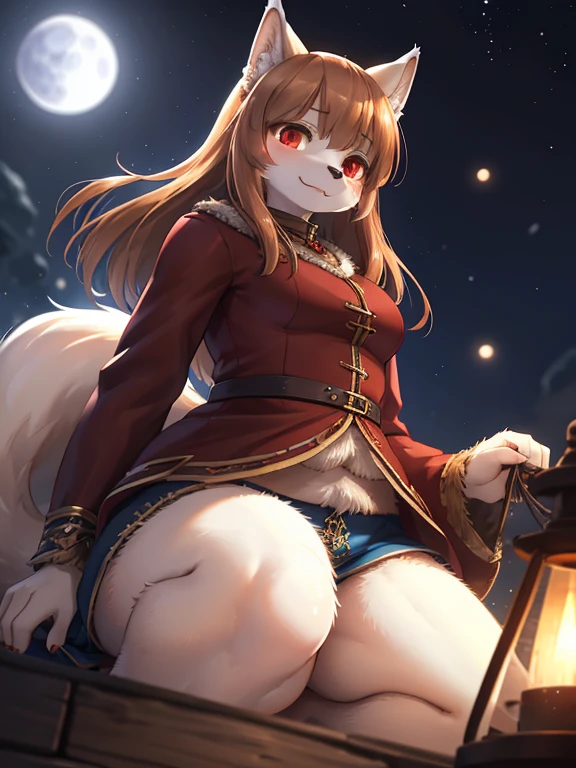 spice and wolf style , Unrealistic Perspective , dynamic angle , rule of thirds Layout , Bokeh , dynamic fashion model action , hairy wolf girl , realistic hairy fur , round face , moist round red eyes , Swollen cheeks , white skin , white fur , (midnight , blue moon light:1.2) , (neat Clothing:1.2) , (Sit down and show your butt from the front:0.6)