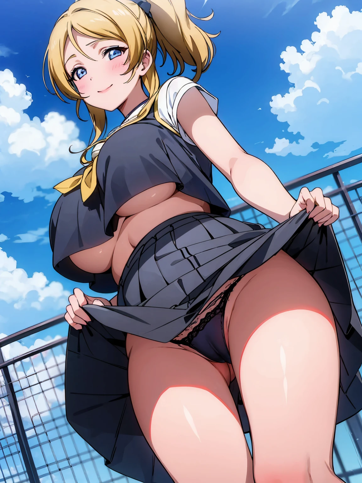 Eri Ayase、lovelive 、upskirt、upskirt、upskirt、Voluptuous body、Plump thighs、Best image quality、A seductive smile、High resolution、masterpiece、super high quality、Spread your legs 、Black Bra、Black panties、とてもBig Ass、Blushing、4K quality、Sailor suit、Big Ass、Zoom in on the lower body、Wearing black knee socks、Pubic hair growth、Shooting from below、Blushed、Big Breasts、Embarrassed face