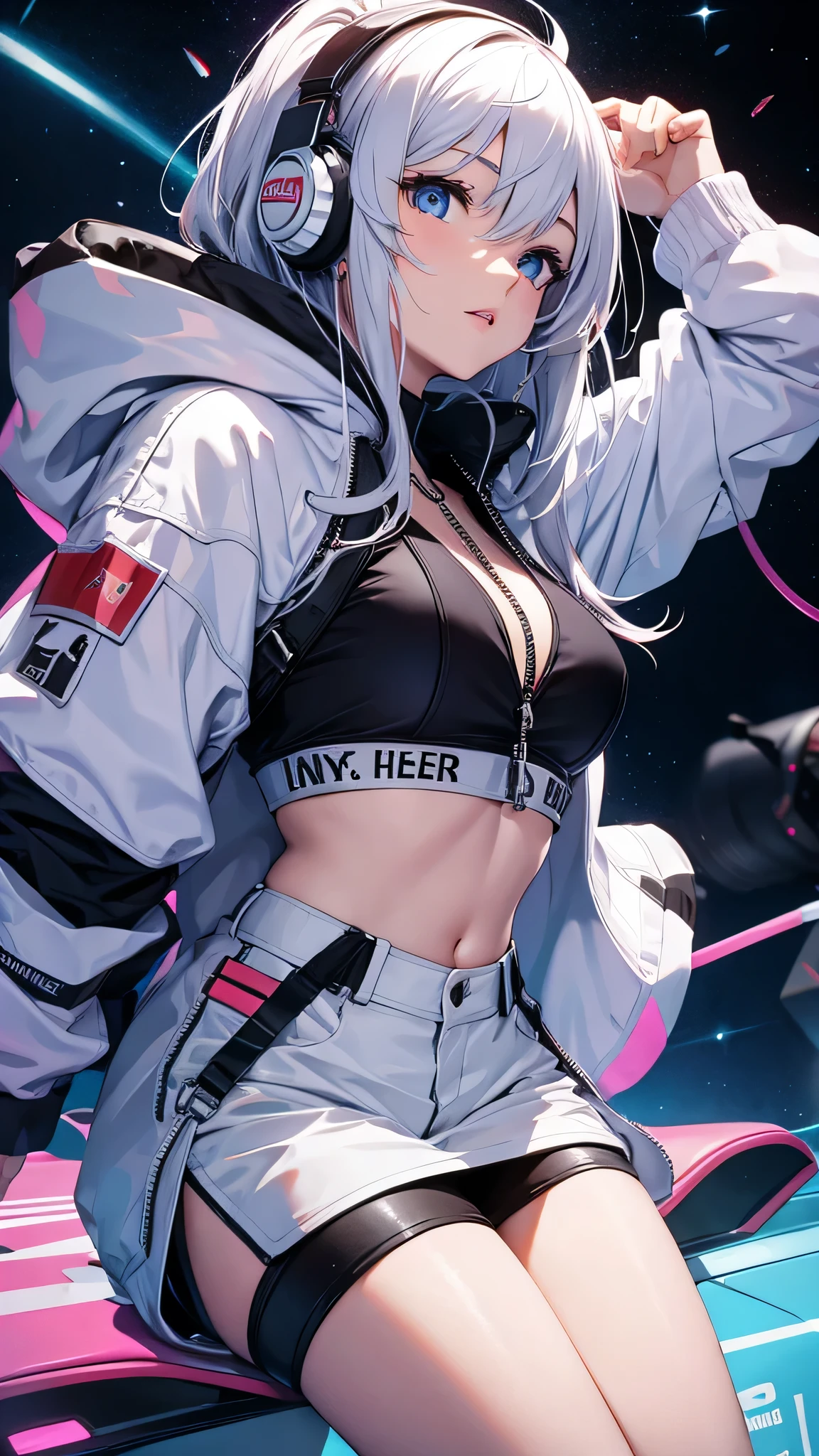 最high quality、Best image quality、masterpiece、With a girl((18-year-old、A short-sleeved hoodie that shows off a black belly button、White pants、Best Bust、Bust 85、Silver Hair、Disheveled long hair、blue eyes、Open your chest wide、happiness、Chain Accessories、Put on your headphones、Space Accessories、no gravity）high quality、Visual Arts、background(space、performer々、Cosmo Steppeace、Great graphics、Very delicate