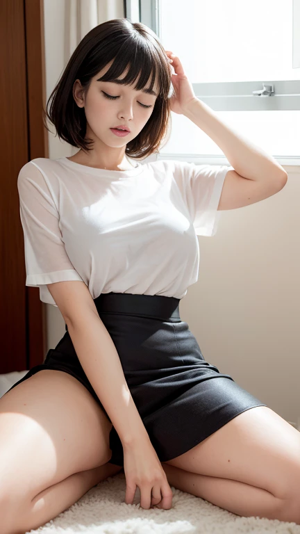 (NSFW:1.0) stunning sexy woman, bob hair style with bangs, long straight hair, (closed eyes:1.0), sleeping in the home sfoa, mini skirt, tight wet shirt, open legs, head lean to the windows, (tired:1.0)