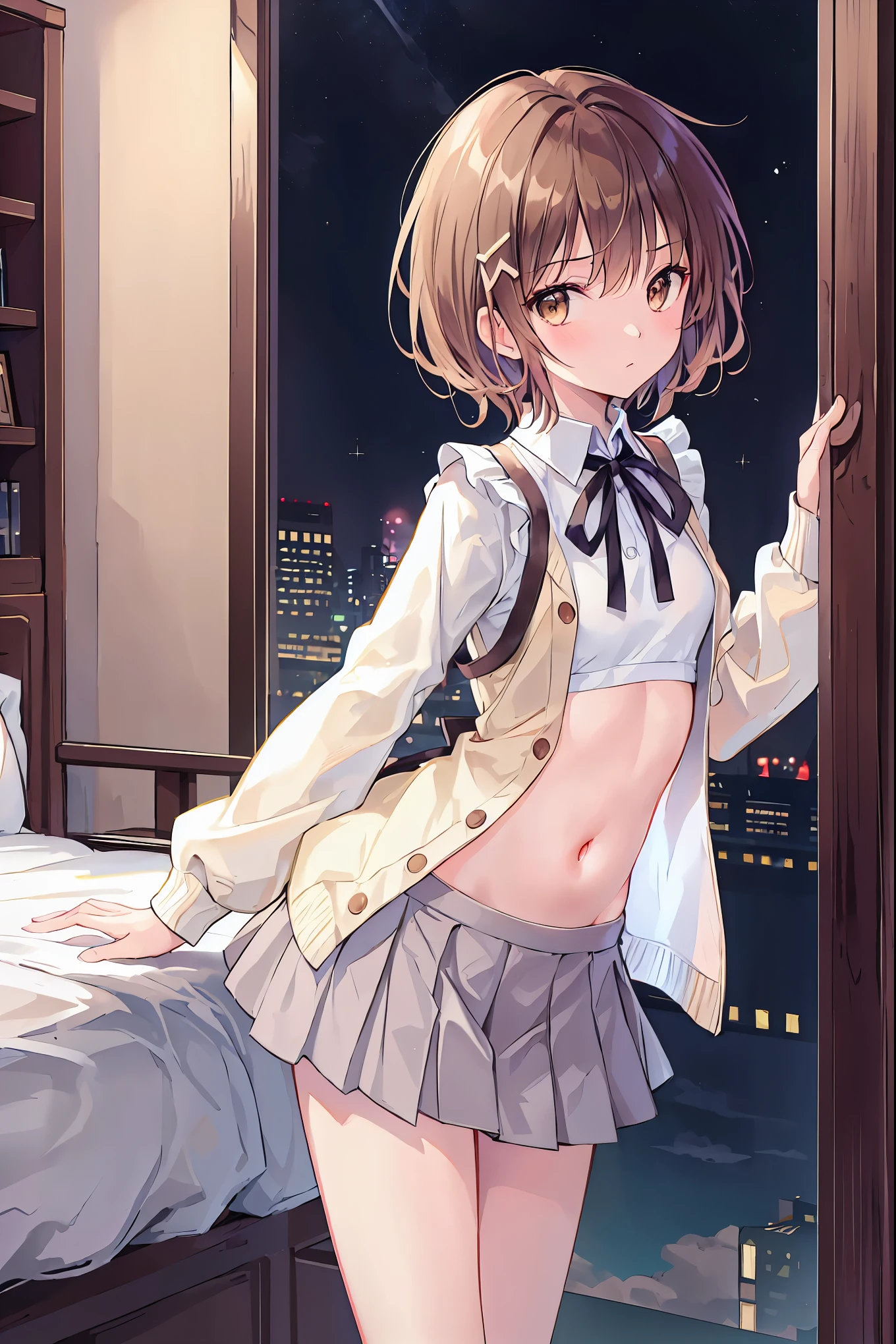 Browsing Caution ４ｋquality, 最高quality, superior_Mikoto, Brown eyes, short_hair, Ultra-small_chest,)、Are standing　　１６age，Fascinating、、(uniform:1.4)、uniform、White shirt、Neck ribbon、Light Brown Sleeveless Cardigan、Grey mini skirt、Cowboy Shot、View from the front、The absolute standard is the center of the navel..、Small breasts，Hotel Suite，Night view