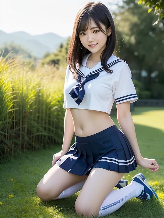 (highest quality:1.5)、(Realistic:1.5)、(1 person:1.5)、Very detailed、High resolution、8k、Medium breasts、Natural color lips、Cute Smile、Japanese women、20-year-old girl、Beautiful and elegant face、Perfect and beautiful face、Balanced big eyes、Brunette's eyes、Beautiful and elegant face、Natural double eyelids、Natural Bangs、Beautiful thin nose、Beautiful Skin、Medium Bob Hair、Natural Bangs、Perfect and beautiful face、Slim face and figure、Summer blue sky、Mountain Grass Park、Look at the viewers、School Sailor Uniform、白の半袖School Sailor Uniform, Checkered Pleated Micro Mini Skirt,、Knee-high socks、Beautiful belly button、Open the navel、臍が見えるSchool Sailor Uniformを着ている、High-angle composition、(Staring at the camera with a sweet smile)、Bright lighting、Professional Lighting、Forward lighting、Beautiful legs:1.2、Smooth Skin、Slim Body、Slim waistline、slim thin thighs、(Kneeling on the grass)、Stand on one knee、White clover is blooming、Cleavage、