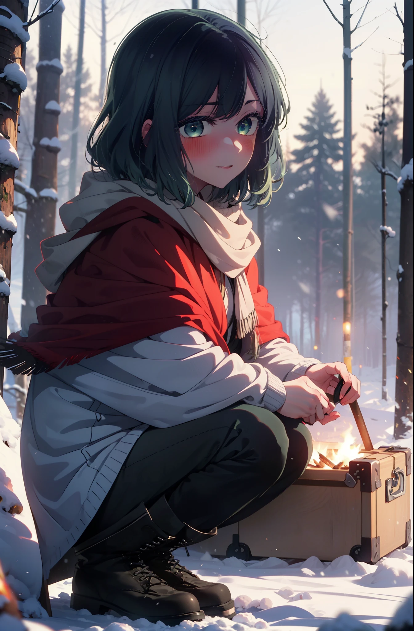 akanekurokawa, akane kurokawa, bangs, (Green Eyes:1.3), Blue Hair, Medium Hair, dark Blue Hair,smile,blush,White Breath,
Open your mouth,snow,Ground bonfire, Outdoor, boots, snowing, From the side, wood, suitcase, Cape, Blurred, , forest, White handbag, nature, Squat, Mouth closed, Cape, winter, Written boundary depth, Black shoes, red Cape break looking at viewer, Upper Body, whole body, break Outdoor, forest, nature, break (masterpiece:1.2), highest quality, High resolution, unity 8k wallpaper, (shape:0.8), (Beautiful and beautiful eyes:1.6), Highly detailed face, Perfect lighting, Extremely detailed CG, (Perfect hands, Perfect Anatomy),