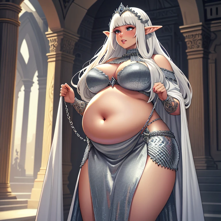 (Masterpiece), (detailed), (high res), (best quality), fat elven princess with white clothes, chainmail, big wide fat hips and lower belly, iron chainmail covering whole body, (long chainmail dress)