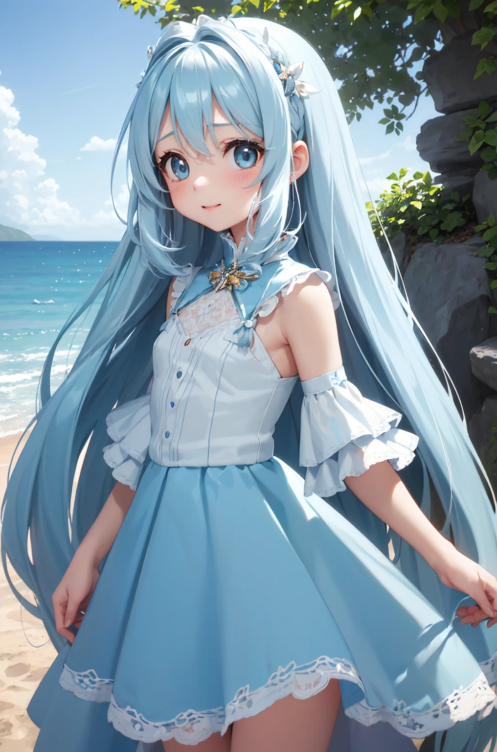 masterpiece, best quality, extremely detailed, (illustration, official art:1.1), 1 girl ,(((( light blue long hair)))), ,(((( light blue long hair)))),light blue hair, ,10 years old, long hair ((blush)) , cute face, big eyes, masterpiece, best quality,(((((a very delicate and beautiful girl))))),Amazing,beautiful detailed eyes,blunt bangs((((little delicate girl)))),tareme(true beautiful:1.2), sense of depth,dynamic angle,,,, affectionate smile, (true beautiful:1.2),,(tiny 1girl model:1.2),)(flat chest)),outdoors, blue sky, ocean, waves, beach, 1girl, solo, long hair, hair between eyes, silver hair, blue eyes, parted lips, bare shoulders barefoot, white dress, dress, sky sleeveless, sleeveless dress, reflection, walking, looking at viewer, from side,best quality, amazing quality, very aesthetic, absurdres,Bokeh,
