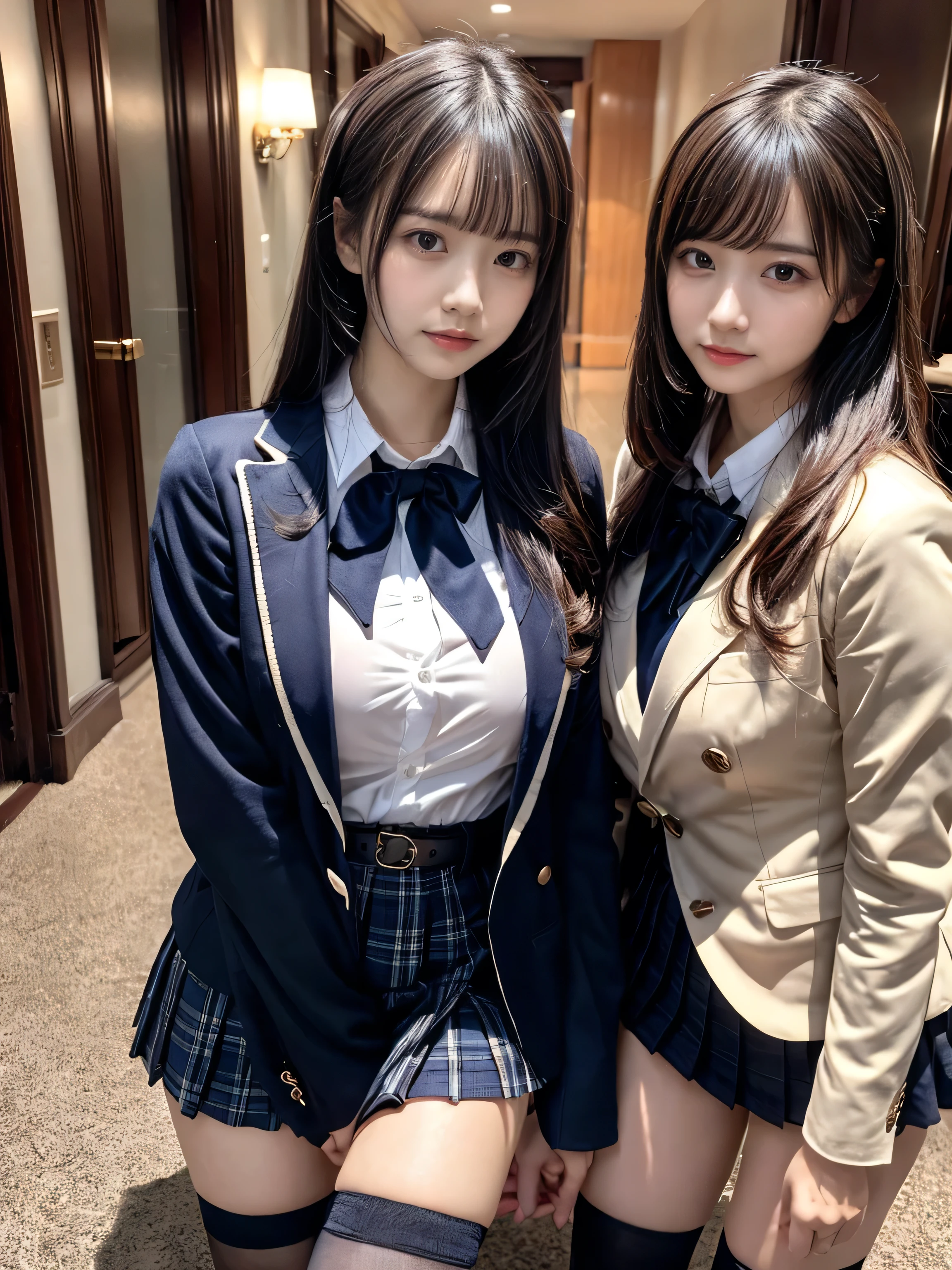 (8K, Raw photography, top-quality, ​masterpiece:1.2), muster piece, best quality, illustration, Super detailed, fine details, High resolution, 8K,wall paper, perfect dynamic composition,(Details High quality, realistic depiction of eyes:1.3), ((2 girls, 2 schoolgirls)), The background is a luxury hotel room、High school girl uniform、blazer 、Super Short Check Uniform Skirt、Navy blue high socks、garterbelts、Colossal tits、Disturbed uniform, Play with each other,Touching each other's bodies,Touching the body of the girl next door, short bob hair, black hair color, huge breasts, Big Natural Color Lip, bold sexy pose, (perfect body shape), crying a little、cold gaze, Harajuku style、Beautiful makeup,glitter makeup,Cutest 18 years old、 beautiful legs, hposing Gravure Idol, Voluptuous thighs