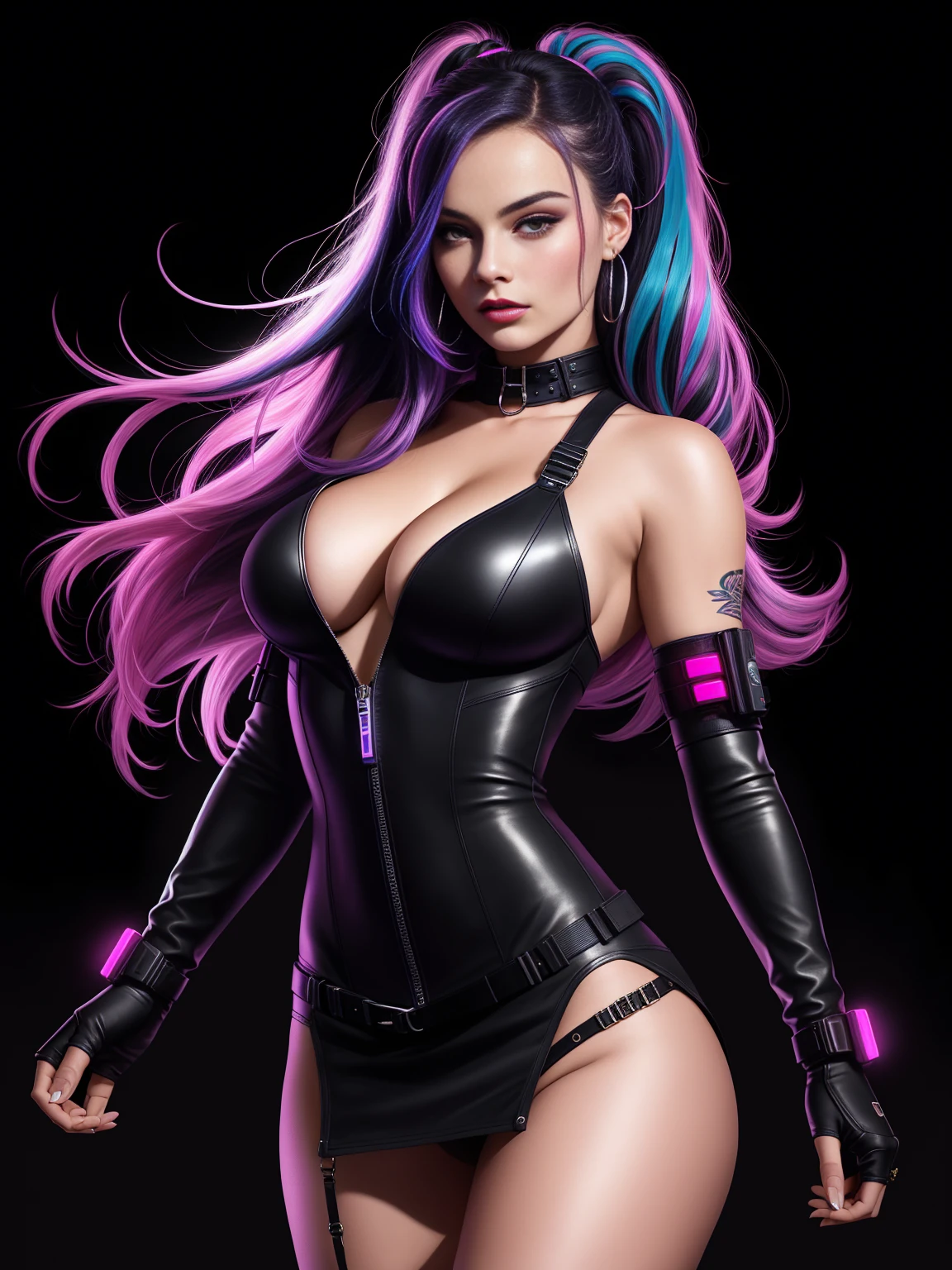 there is Margot Robbie, navy blue and bright purple neon streaked hair, hair in pony tail, 3 d neon art of a womans body, neon-noir background, cyberpunk femme fatale, seductive cyberpunk dark fantasy, cyberpunk strip clubs, cyberpunk 20 y. o model girl, oppai cyberpunk, banner, high definition cgsociety, cgsociety masterpiece, trending on cgstation, kda, random hair, looking at camera, gigantic breasts, cleavage, (high detailed skin:1.2), 8k uhd, dslr, super lighting, high quality, film grain, high res, highly detailed, hyper realistic, beautiful face, beautiful body, beautiful eyes nose lips, alluring expression, very bold, upper visible, full body photo, standing legs apart, pale translucent glowing skin, most beautiful face, cute, (well defined pubic hair:1.2)), (dark plain black background:1.4))
