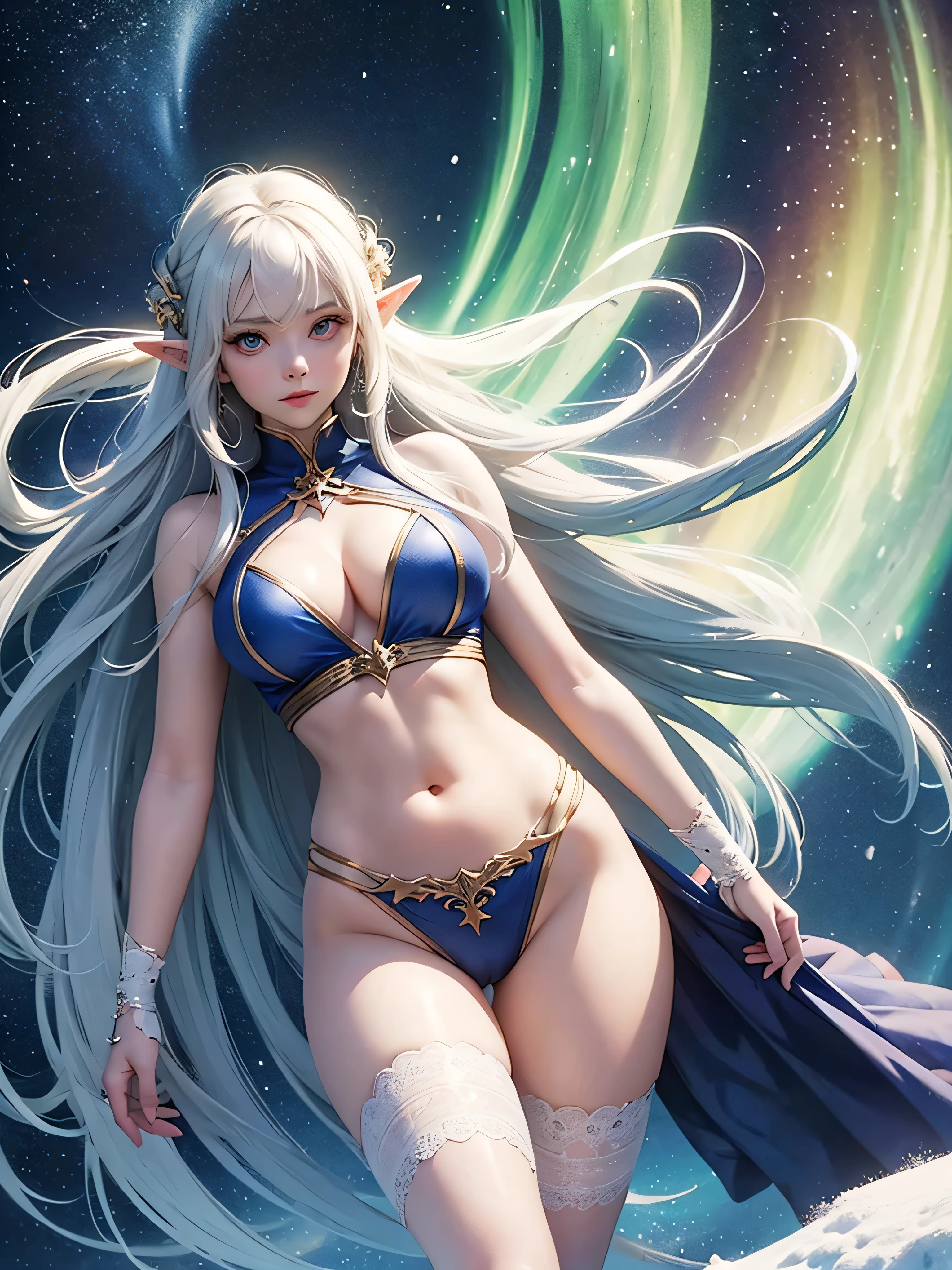 Cute girl elf, 20 years, curvy, elven outfit, white long hair, showing the belly and pelvis, stars, ice, snow, Northern Lights