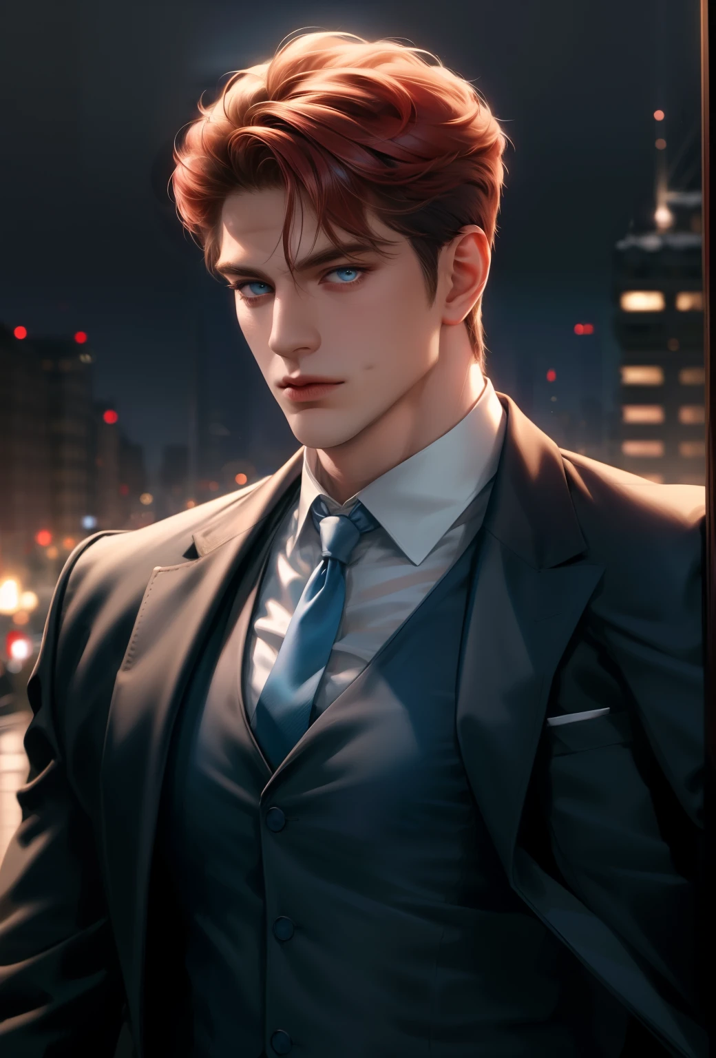 (masterpiece,best quality,ultra_detailed,highres,absurdres),1 mature male, 30-ish, (wide shoulder), (muscular), big body, male focus, solo, blue light eyes, blue light eyes color, upper body, short hair, red hair color, looking at viewer, flat face, parted lips, round eyewear, Masterpiece, high quality, best quality, HD, realistic, perfect lighting, detailed body, 1 man, wearing a jacket, white tie and shirt, calm expression, in the night town background,