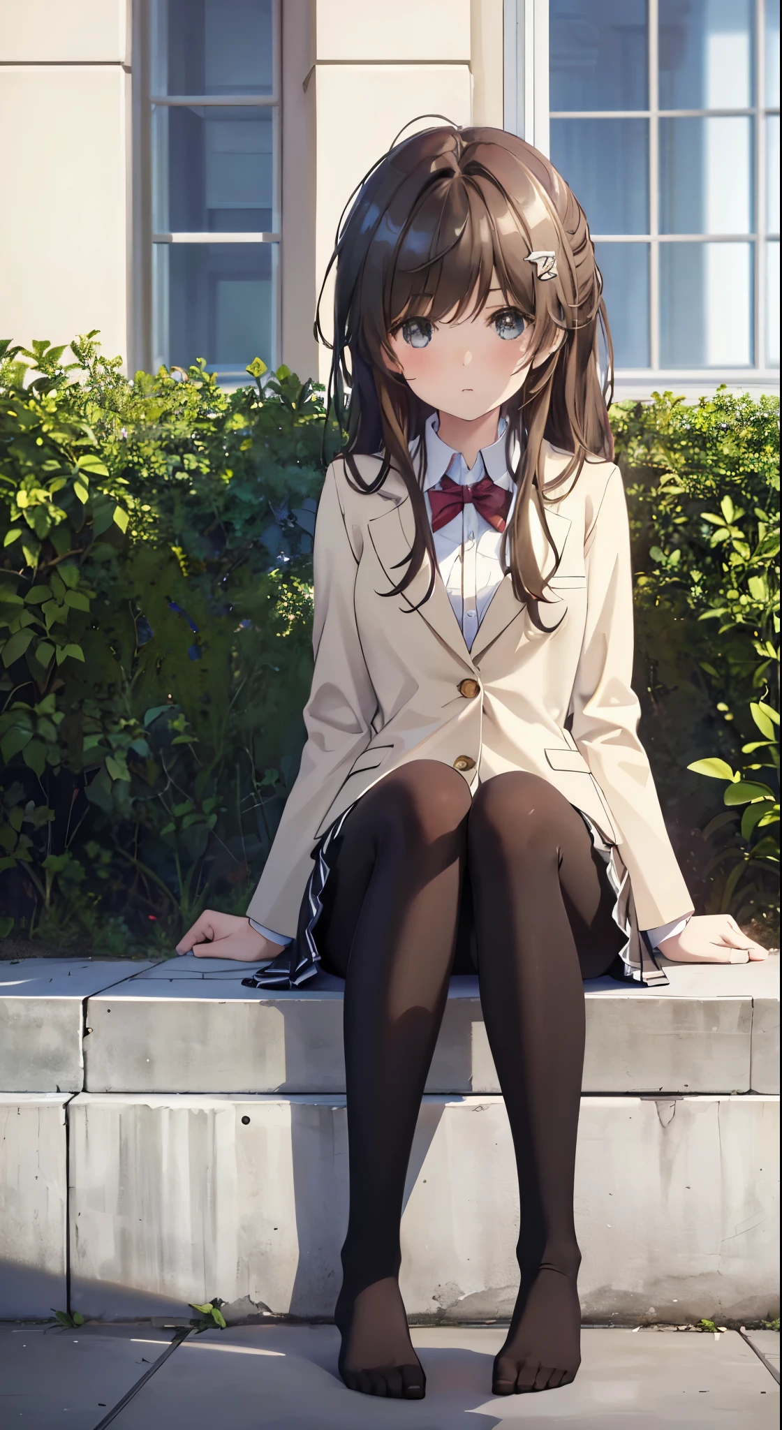 highest quality, masterpiece, High resolution, (Head to Toe full body), front, frontやや下からの構図, Symmetric, Tall 18 year old girl, alone, (Head to Toe), (Small breasts), Unkempt brown hair, bangs, (black tights), (Black Pantyhose), (Sit with your legs apart), (Crouching pose), (Composition depicting white panties), (Her legs were spread、White panties are visible.), (Sit on the floor with your legs spread), (M-shaped feet), Thin legs, とても美しくTall 18 year old girl, (No shoes), blush, Shy big eyes, Looking into the camera, Blazer uniform, Checkered pleated skirt