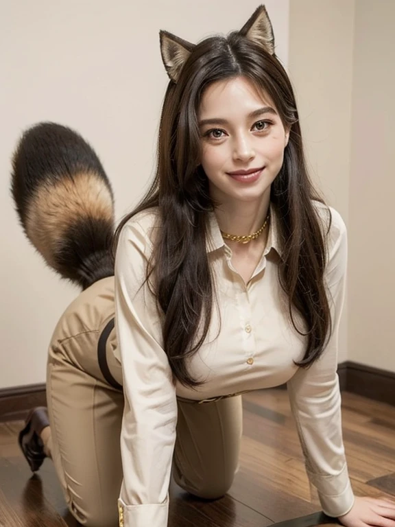 ((highest quality, 32k)), ((masterpiece)), (Familiar), Perfect Face, vixen, Pretty girl, Company Office, Has a tail, She has a northern fox tail., She stands up her fluffy tail, Dog collar, Beautiful hip line, Big Breasts, She wears a business suit, A big tail sticks out, smile, Climb on all fours, Nice body