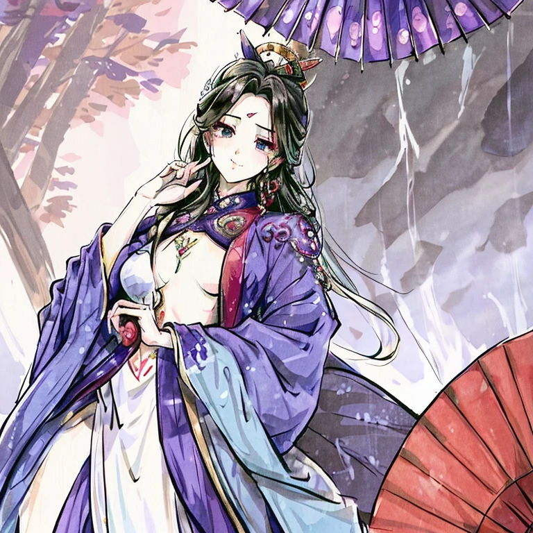(best quality),Wulin Beauty,Eyes domineering and affectionate,Perfect eyebrows,Nice and handsome face,Evil smile,Blue purple ancient costume robe,Mid-chest,Red umbrella dancing,Mid-chest,The background is a valley,firefly,4k